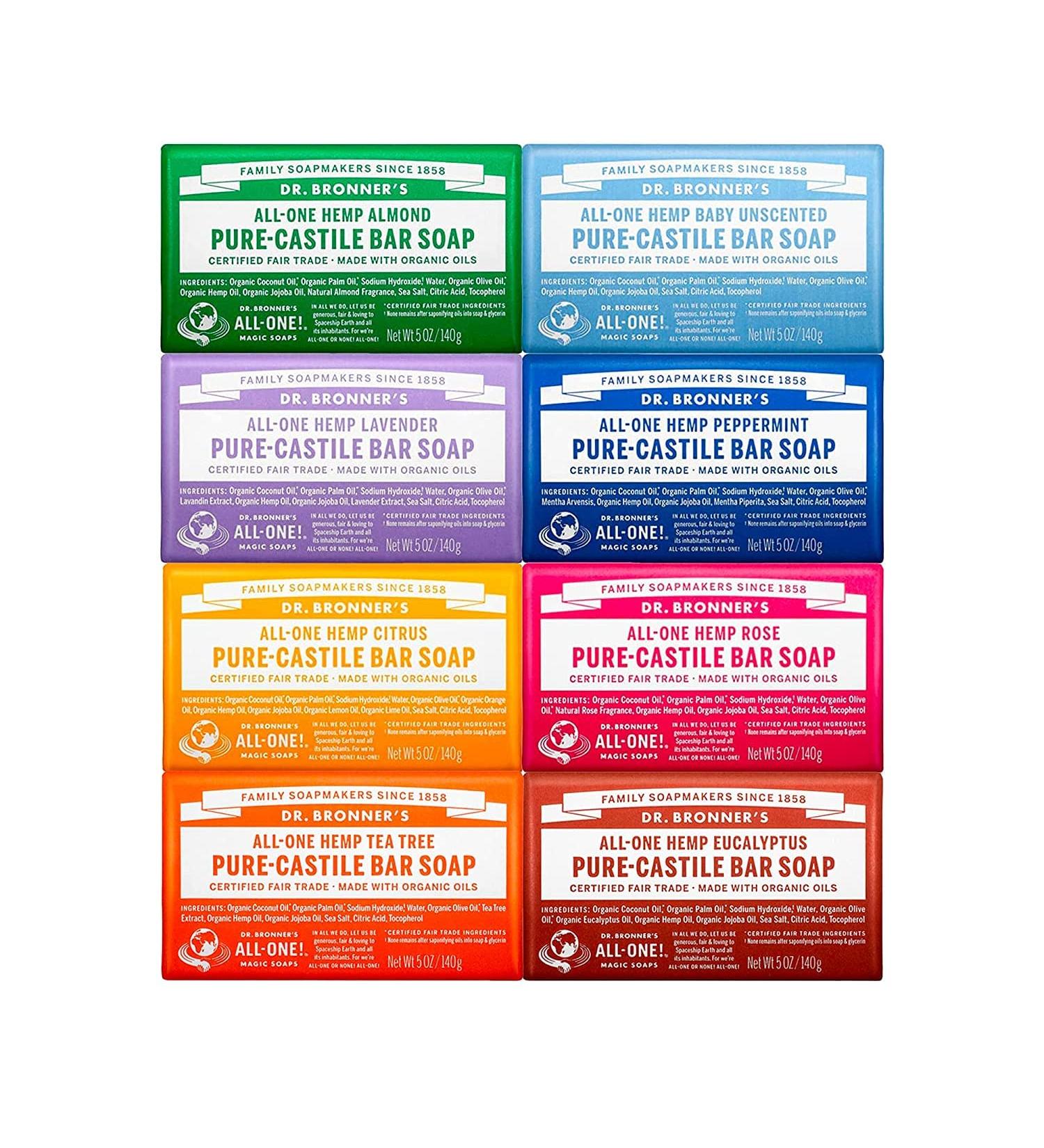 Dr. Bronner's Organic Pure-Castile Bar Soap Variety Pack (5 oz) - Almond, Unscented, Lavender, Peppermint, Citrus, Rose, Tea Tree & Eucalyptus - Gentle & Moisturizing for Face, Body, Hair | 8 Pack - Buy Online on GoSupps.com