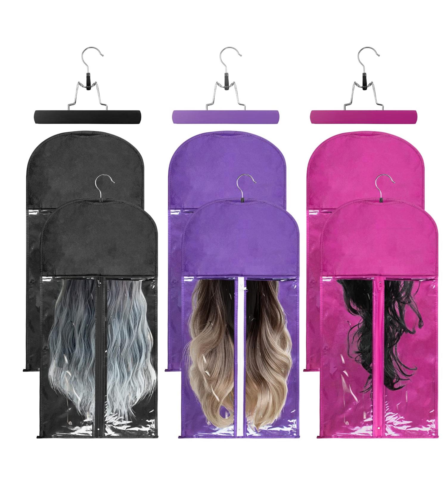 FLMOUTN 6 Pack Portable Hair Extension Holder - Dust-proof Wig Storage Bags with Anti-Slip Hangers - Set of Black, Rose, and Purple Cases for Women's Hair - Buy Online on GoSupps.com