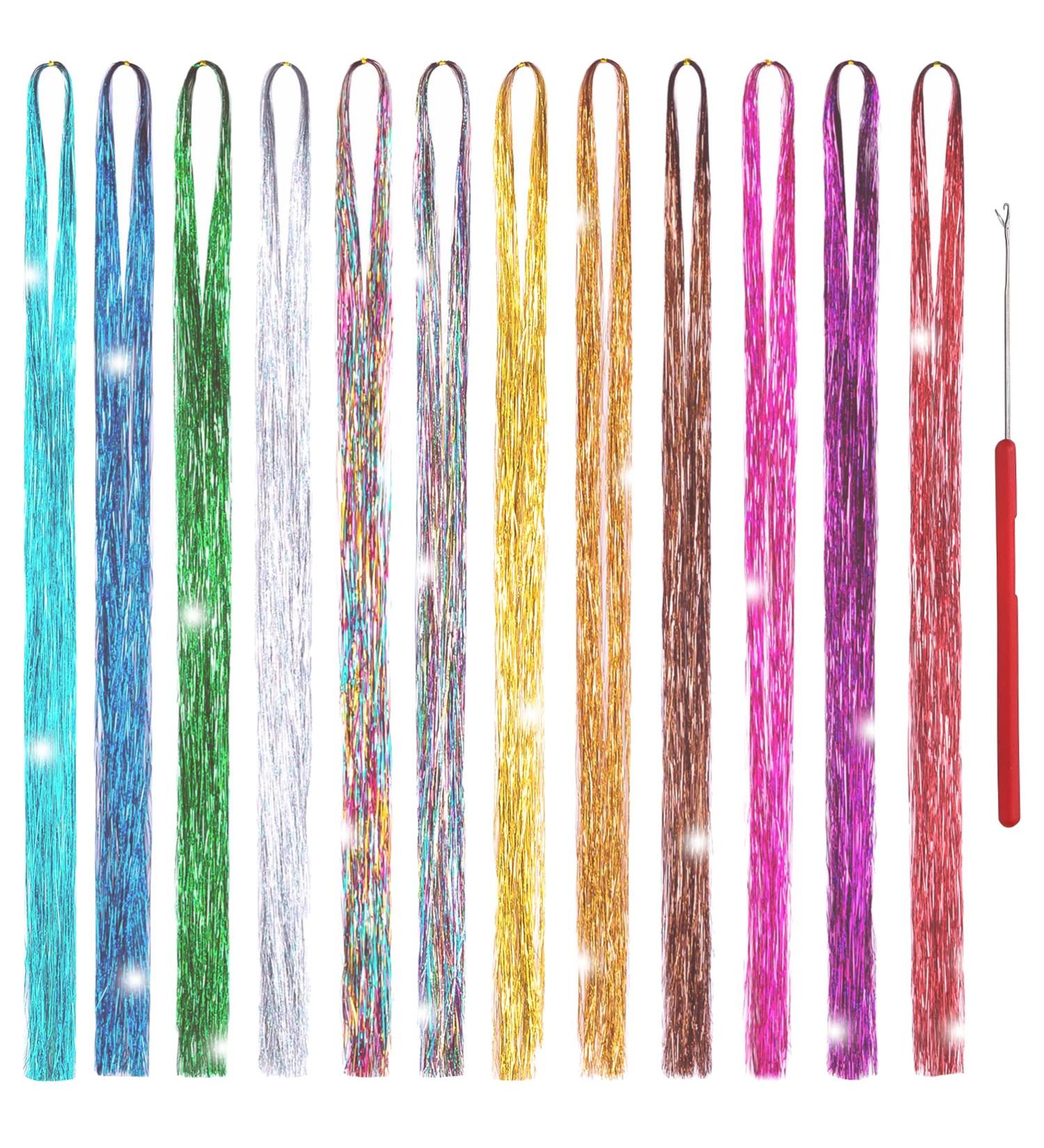 Sparkling Hair Tinsel Strands Kit - 2400 Strands in 12 Colors for Party Hair Highlights - Synthetic Hair Extensions Set with 1 Application Tool - Buy Online on GoSupps.com
