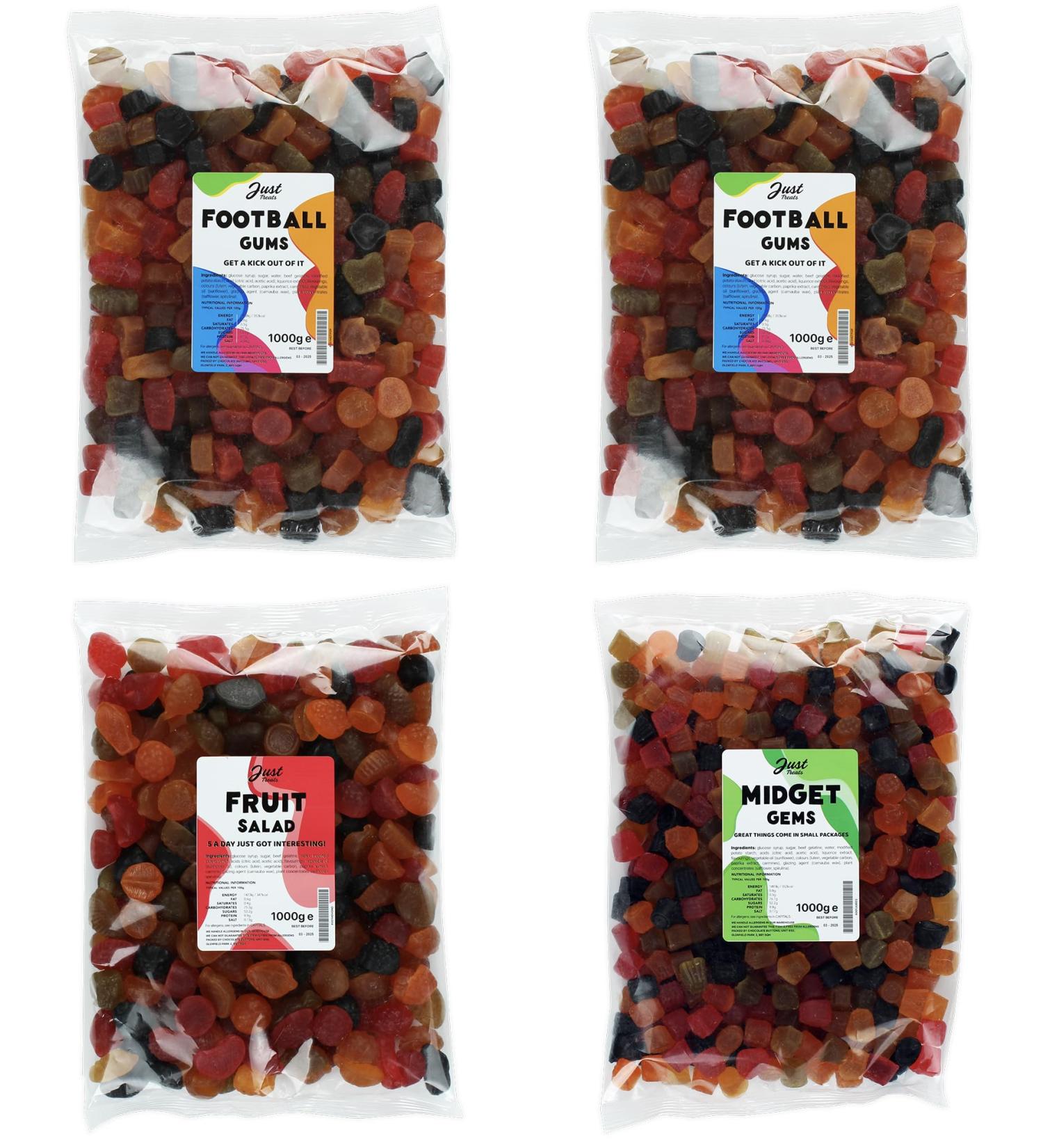 Lion Original Gums The Matchday Favorites 1kg Quartet - 2 x Football Gums Fruit Salad Midget Gems (4 x 1kg Party Bags) - 1 1 2 4 - Buy Online on GoSupps.com