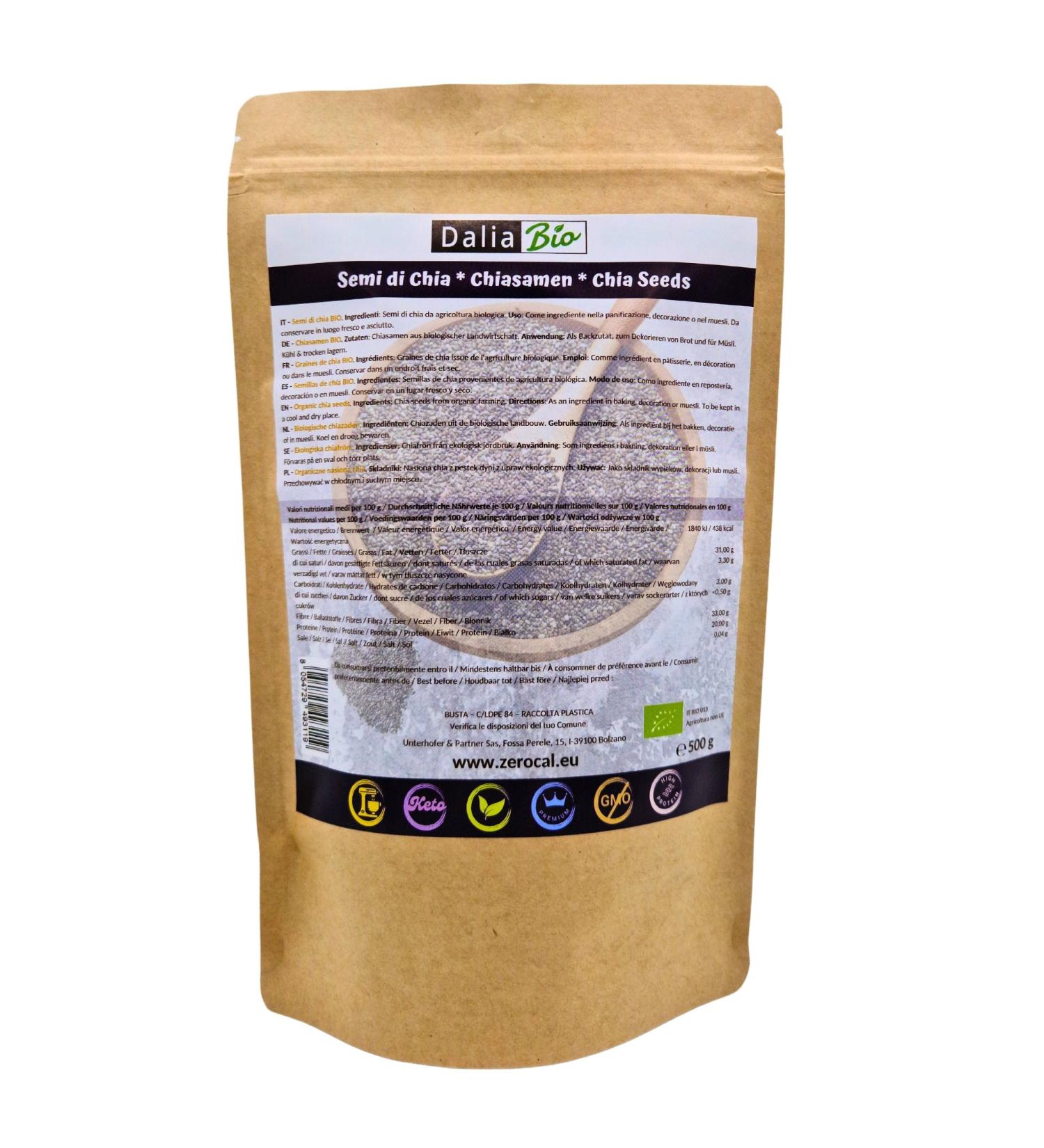 Dalia - Organic Chia Seeds 500g (Salvia Hispanica) South America | Protein Digestion Omega 3 | Gluten Free | Premium Quality - Buy Online on GoSupps.com