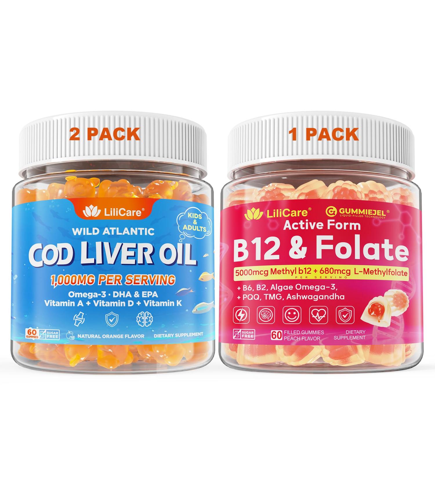 LILICARE Bundle Cod Liver Oil Gummies 2 Pack& Adult Methyl B12 5000mcg + L-Methylfolate Gummies 1 Pack - Buy Online on GoSupps.com