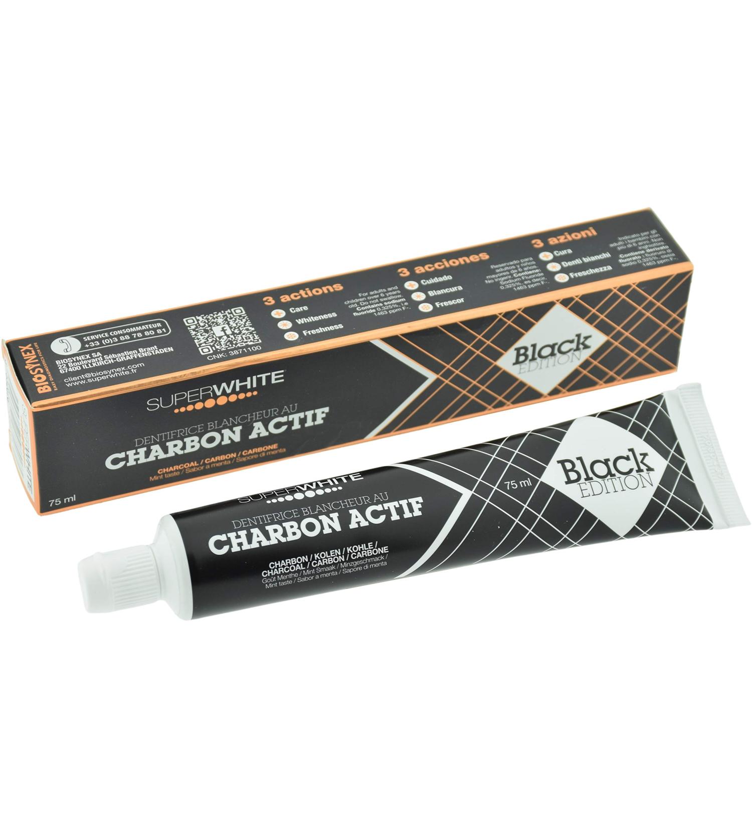 Doskar Super White toothpaste Black Edition with activated carbon fluorine and mint for healthy white teeth and fresh breath 75ml pharmacy quality