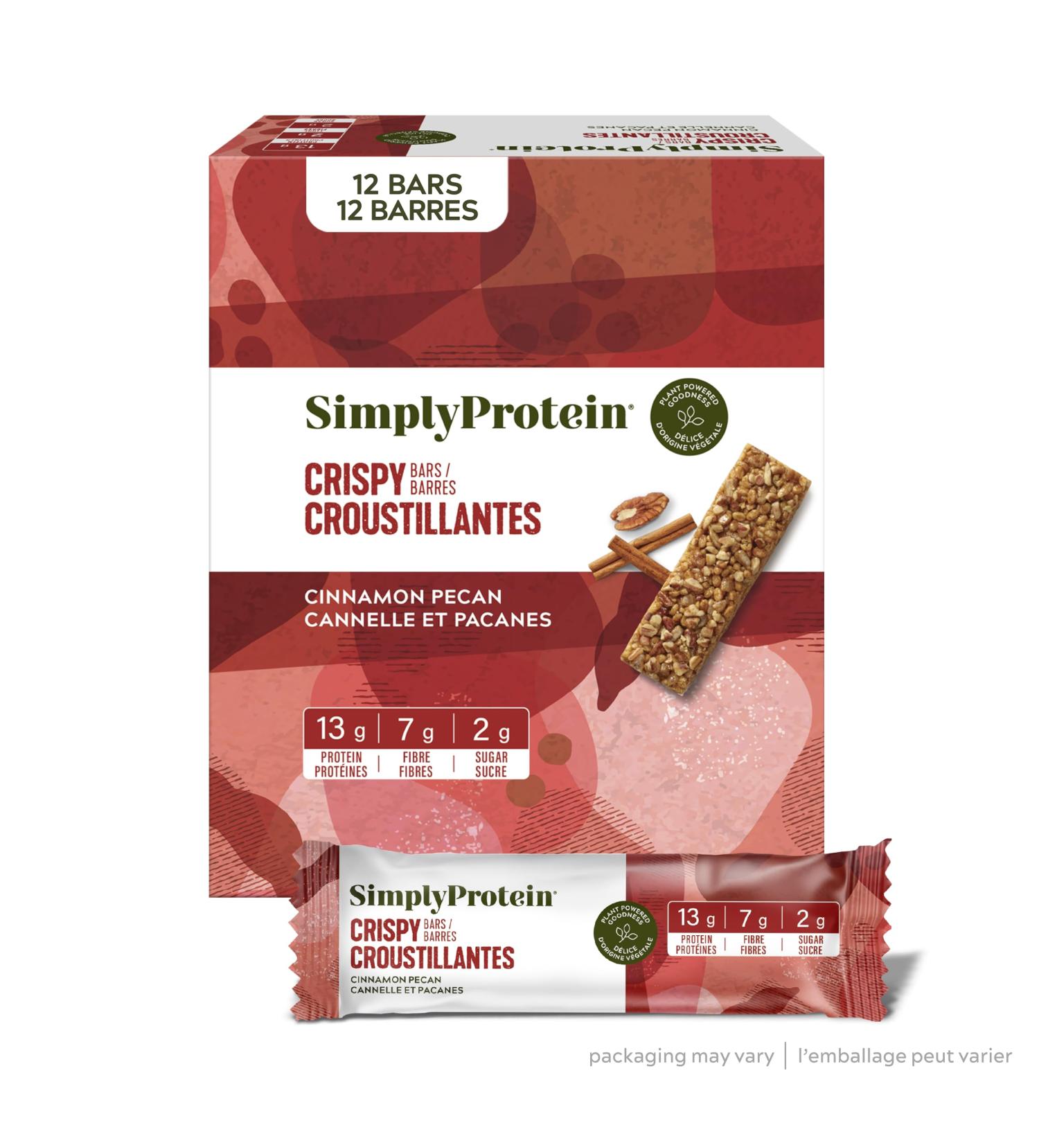Simply Protein - Cinnamon Pecan Crispy Bars - Plant Based Protein Bars - Low Carb Low Sugar High Fibre - 13g Protein 2g Sugar 7g Fibre - Vegan Gluten Free Non GMO Kosher - 12 Bars Cinnamon Pecan 12 Count (Pack of 1) - Buy Online on GoSupps.com