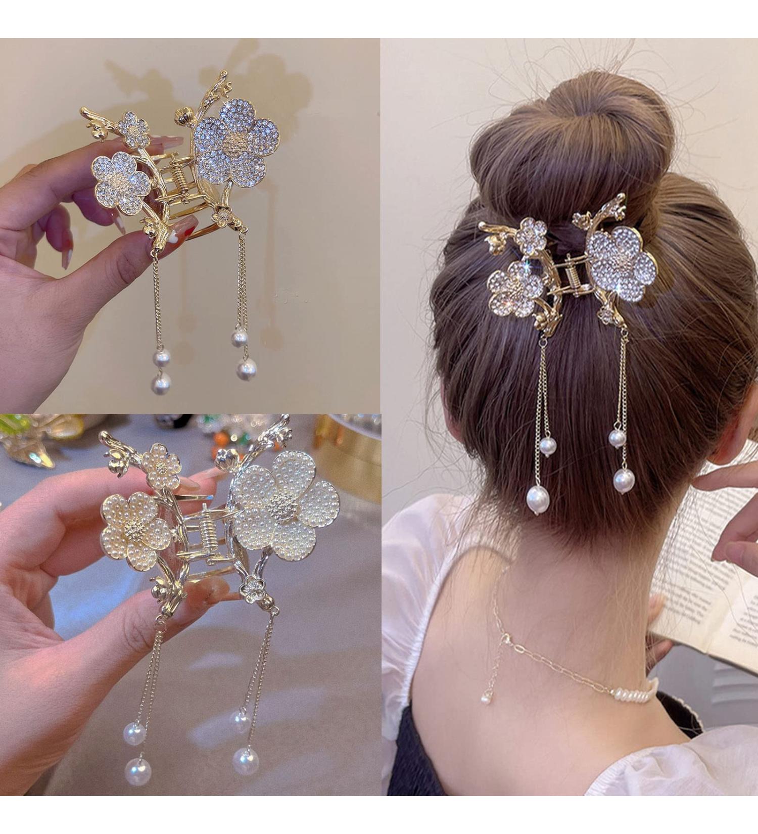 Flower Metal Hair Clips Set with Pearl Pendant - 2PCS Nonslip Claw Clamp Barrette Clips for Women and Girls - Buy Online on GoSupps.com