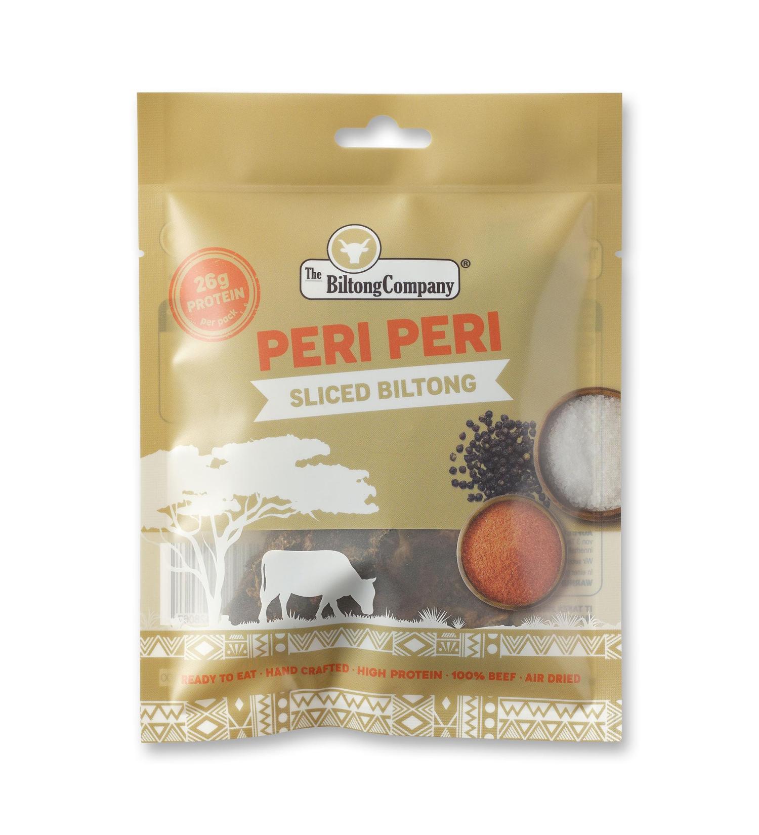 Peri Peri Sliced Biltong 1 x 50g (50g) Natural Spicy Beef Biltong by The Biltong Company High in Protein & Keto Diet-Approved Lean Biltong Spiced Meat Snack Like Jerky - Buy Online on GoSupps.com