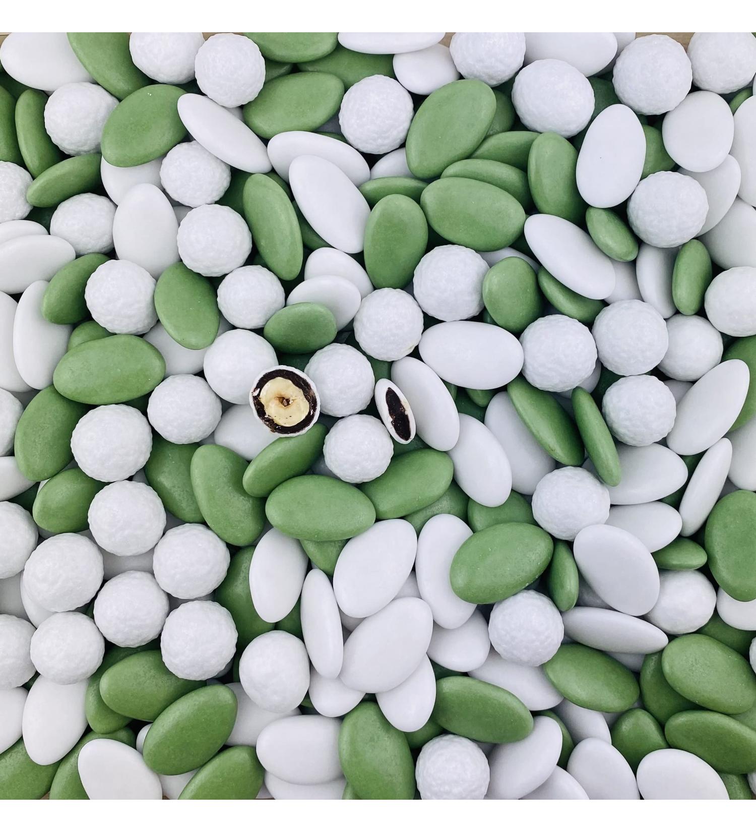 Chocolate dragees variation Eucalyptus green and white and hazelnut white chocolate 1kg - cheap quality - approximately 240 dragees - Handmade in France