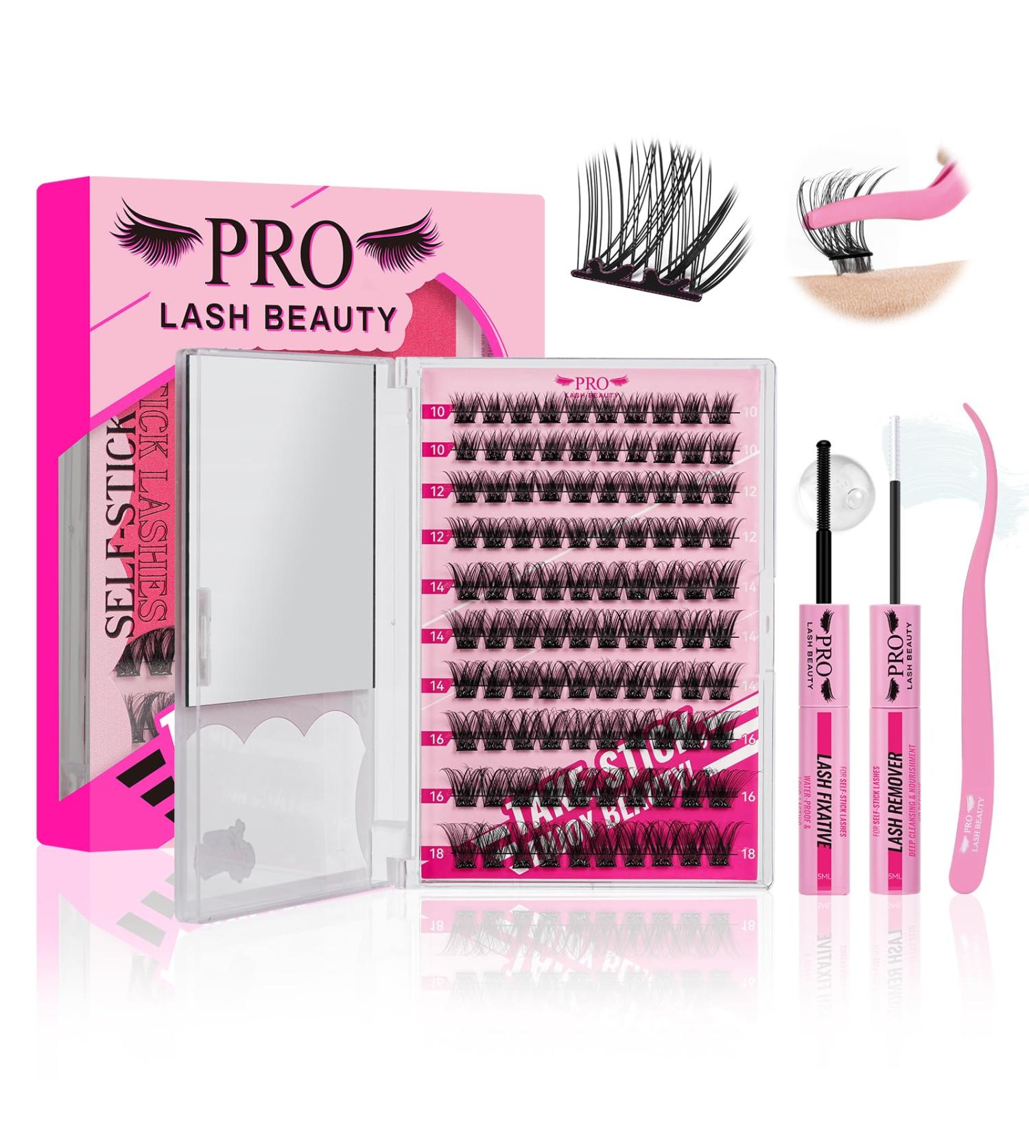 PRO Self Adhesive Eyelashes Kit - 120pcs Lash Clusters & Essentials | Easy Home Application | Lash Fixative Remover & Applicator Included - Begonia D-10-18mix - Buy Online on GoSupps.com