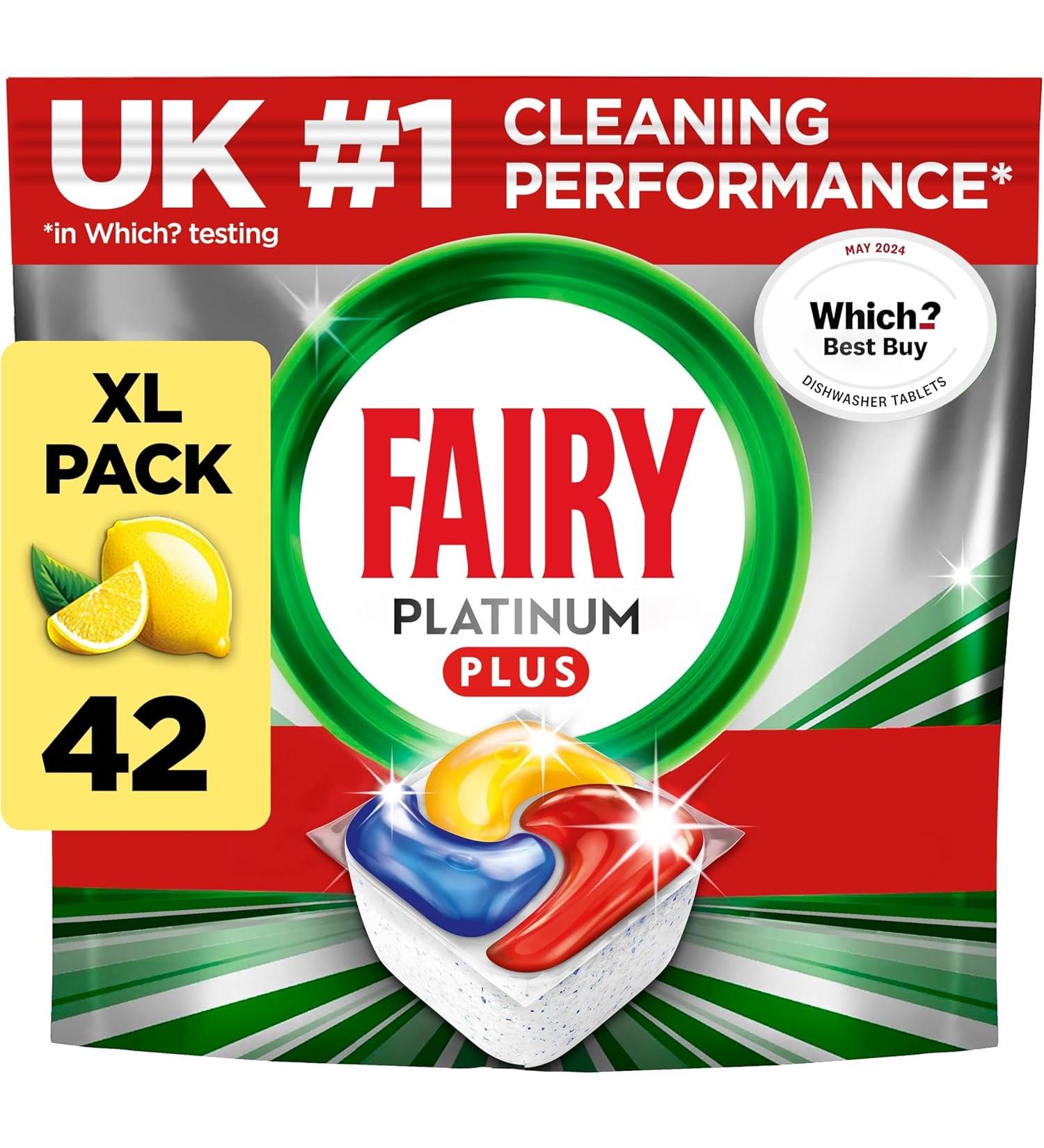 Fairy Platinum Plus Dishwasher Tablets - 42 Bulk Lemon Tablets with Anti-Dull Tech & Rinse Aid - Buy Online on GoSupps.com