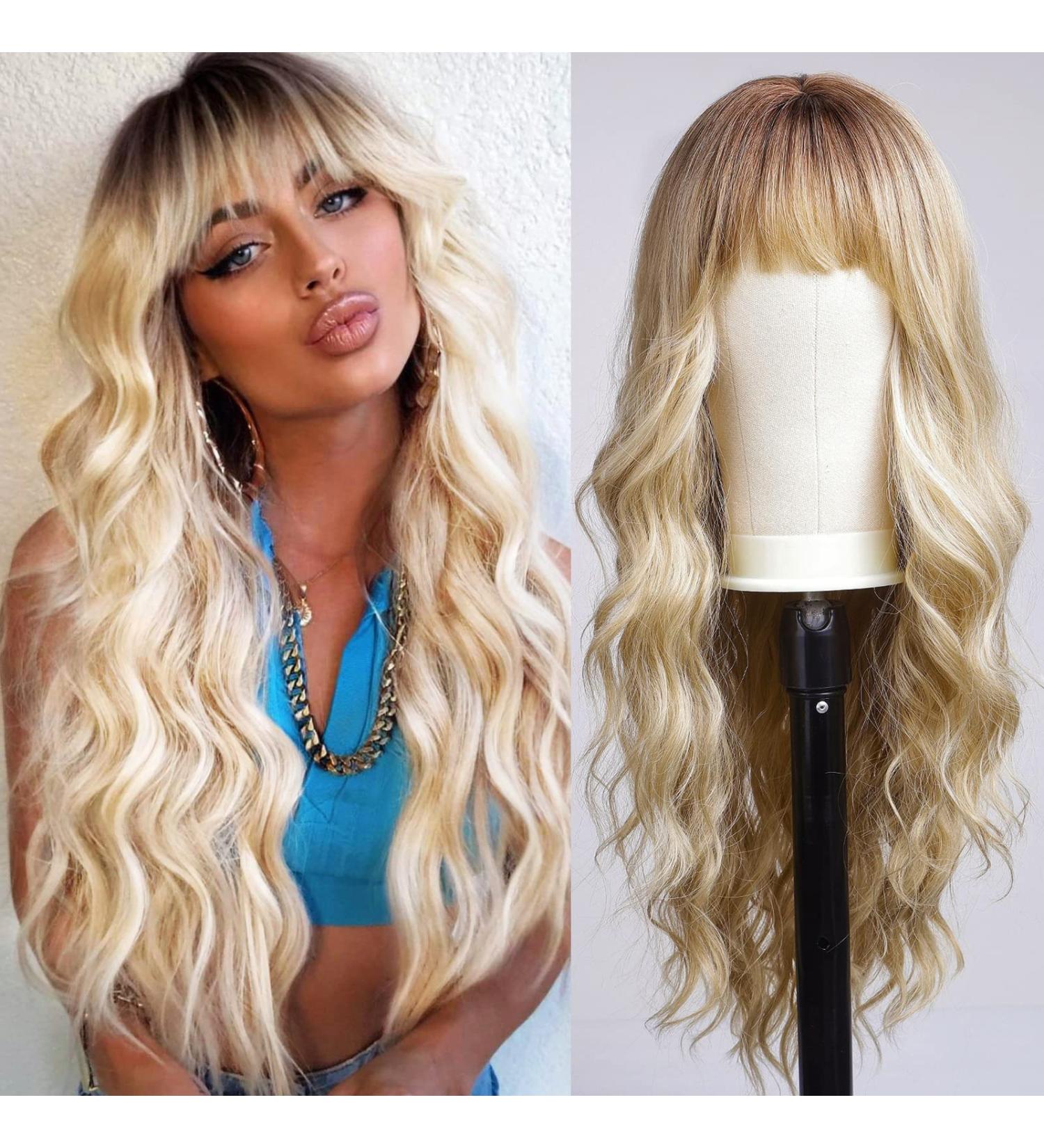 KOME Ombre Blonde Long Wavy Wig with Bangs - Synthetic Wig for Women - Ideal for Party, Cosplay, Daily Use - 24IN - Buy Online on GoSupps.com
