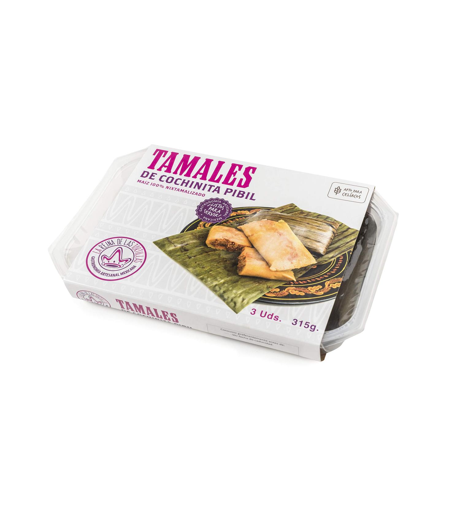 La Reina de las Tortillas - European leader in Mexican artisanal gastronomy - "Cochinita pibil" tamales. 100% nixtamilized corn. Suitable for celiacs. Tray of 3 units. Expiration 7 months - Buy Online on GoSupps.com