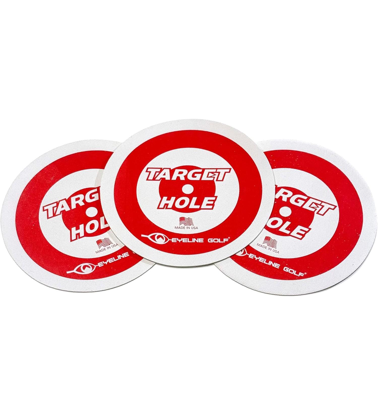Eyeline Golf Target Holes - Practice Training Aid for Precision Practice on Green. Indoors/Outdoors. Toss to Create Simple Speed Control Targets. Red and White-Easy to See. Pack - 3. Made in USA