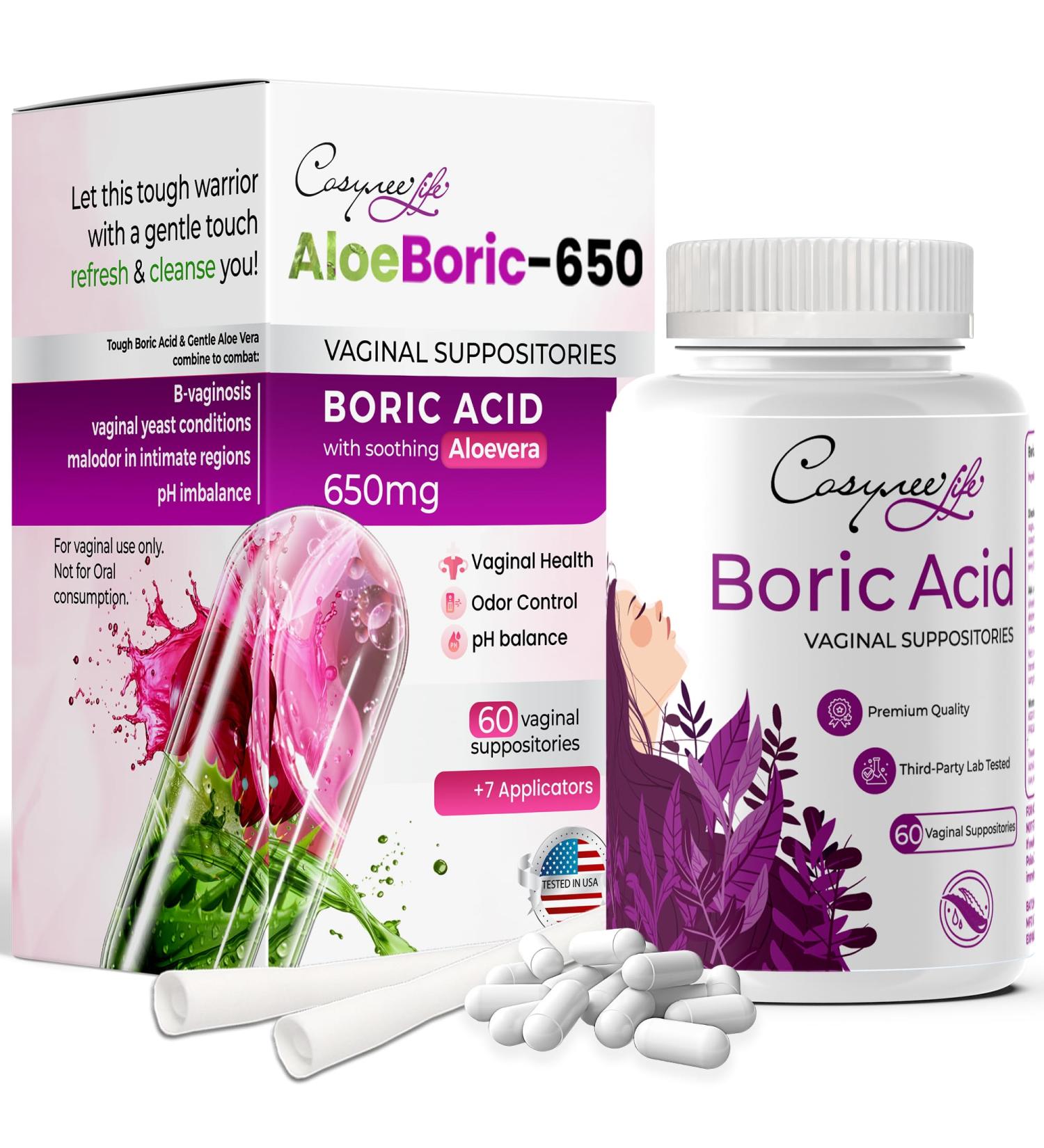 cosynee Boric Acid Suppositories for Women - 60 Capsules + 7 Applicators | Vaginal Health Odor & Dryness Relief - 650 mg Each - Buy Online on GoSupps.com