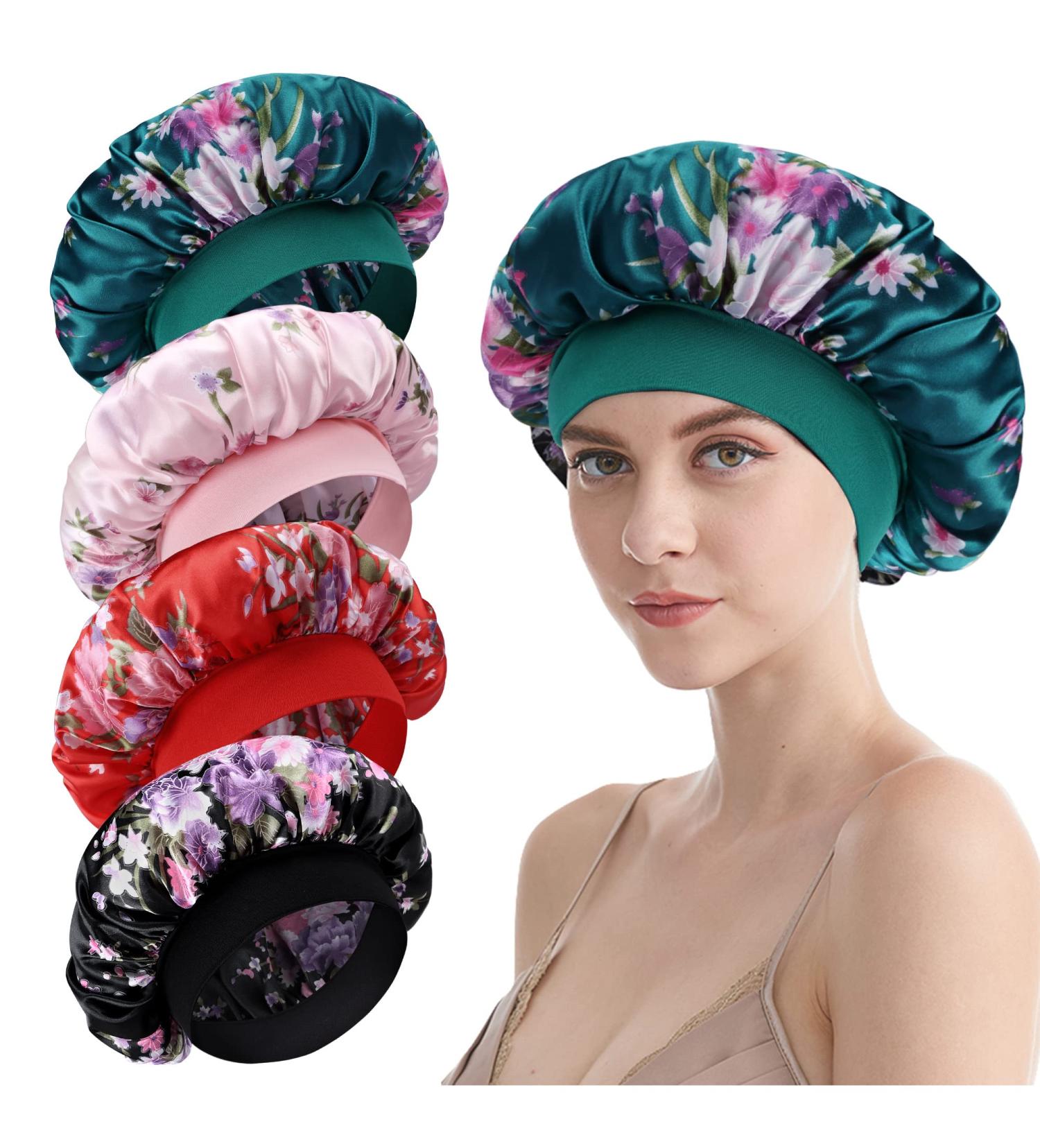 LADES Silk Satin Bonnet-4 Packs Women Satin Hair Bonnet for Curly Hair Satin Bonnet Silk Sleep Cap Silk Hair Wrap for Sleeping Black Hair Black+Pink+Red+Peacock Blue - Buy Online on GoSupps.com