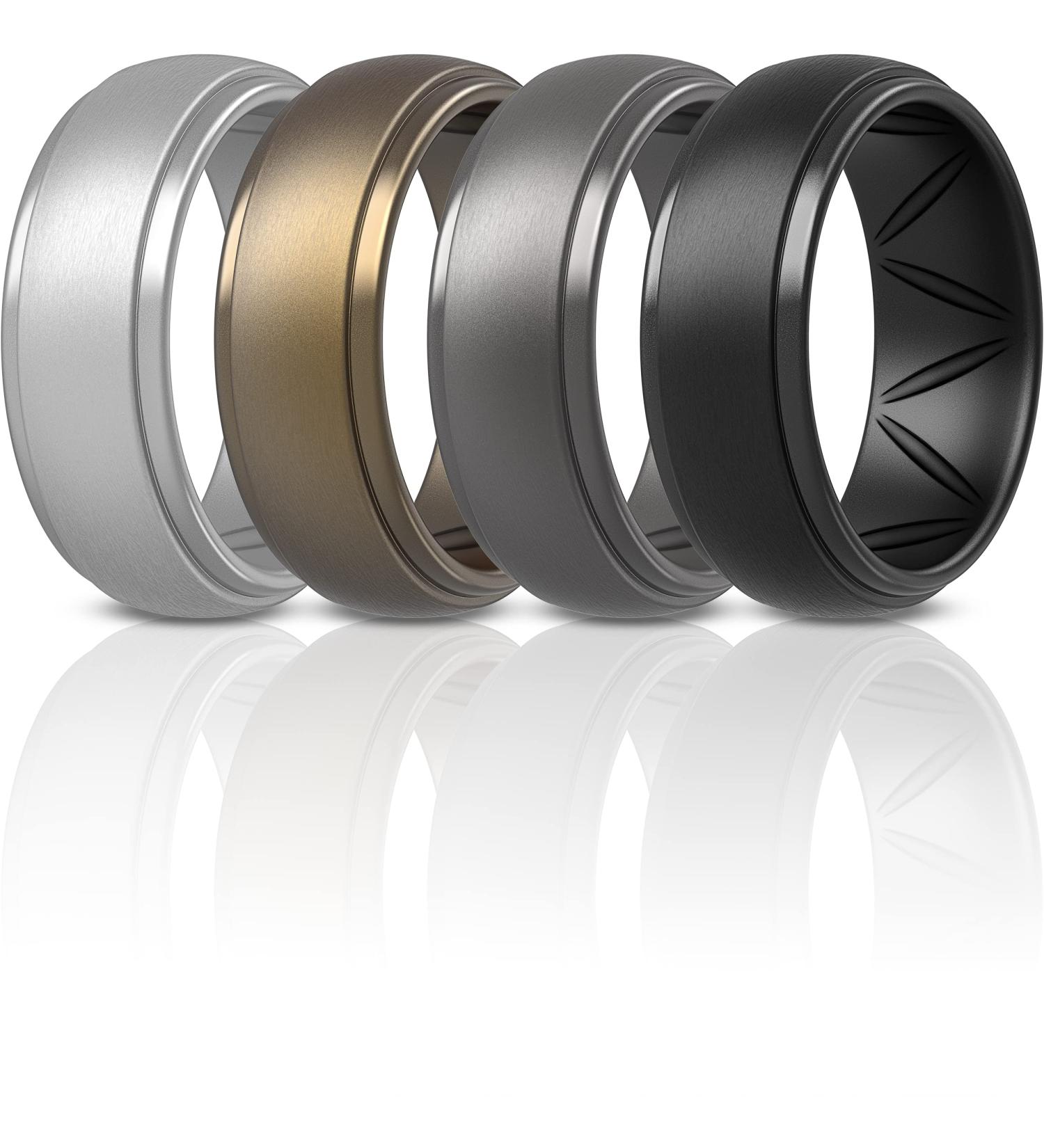 ThunderFit Men's Silicone Ring Set - 10mm Wide Breathable Airgrooves - 8.5-9 Size - Charcoal Black, Silver Grey, Metallic Bronze, Brass Grey - Buy Online on GoSupps.com