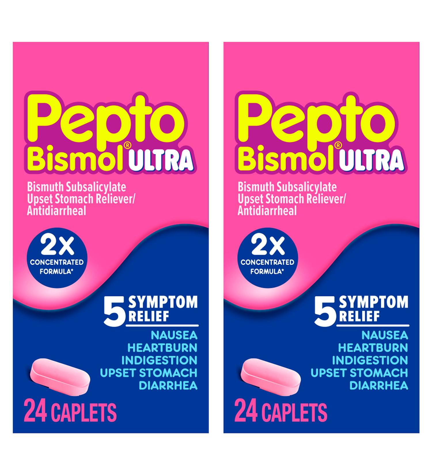 Pepto Bismol ULTRA Caplets Upset Stomach Relief Nausea Relief Heartburn Relief Indigestion Relief Anti Diarrhea Medication for Adults - 5 Symptom Relief 48 ct (2x24 ct) 48 Count - Buy Online on GoSupps.com