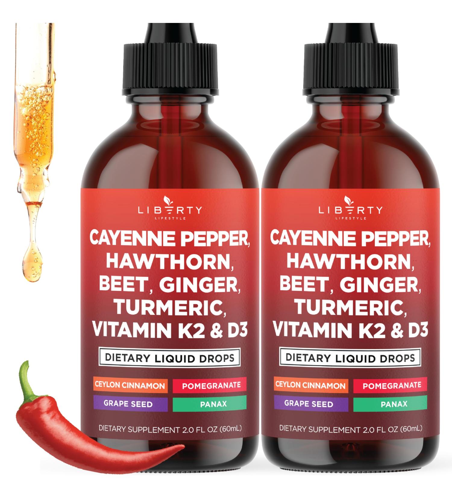 Cayenne Pepper Supplement Liquid Drops + Hawthorn Berry Vitamin D3 K2 Beet Root Powder Ceylon Cinnamon Turmeric Curcumin Organic Panax Ginseng - 4oz 2 Fl Oz (Pack of 2) - Buy Online on GoSupps.com