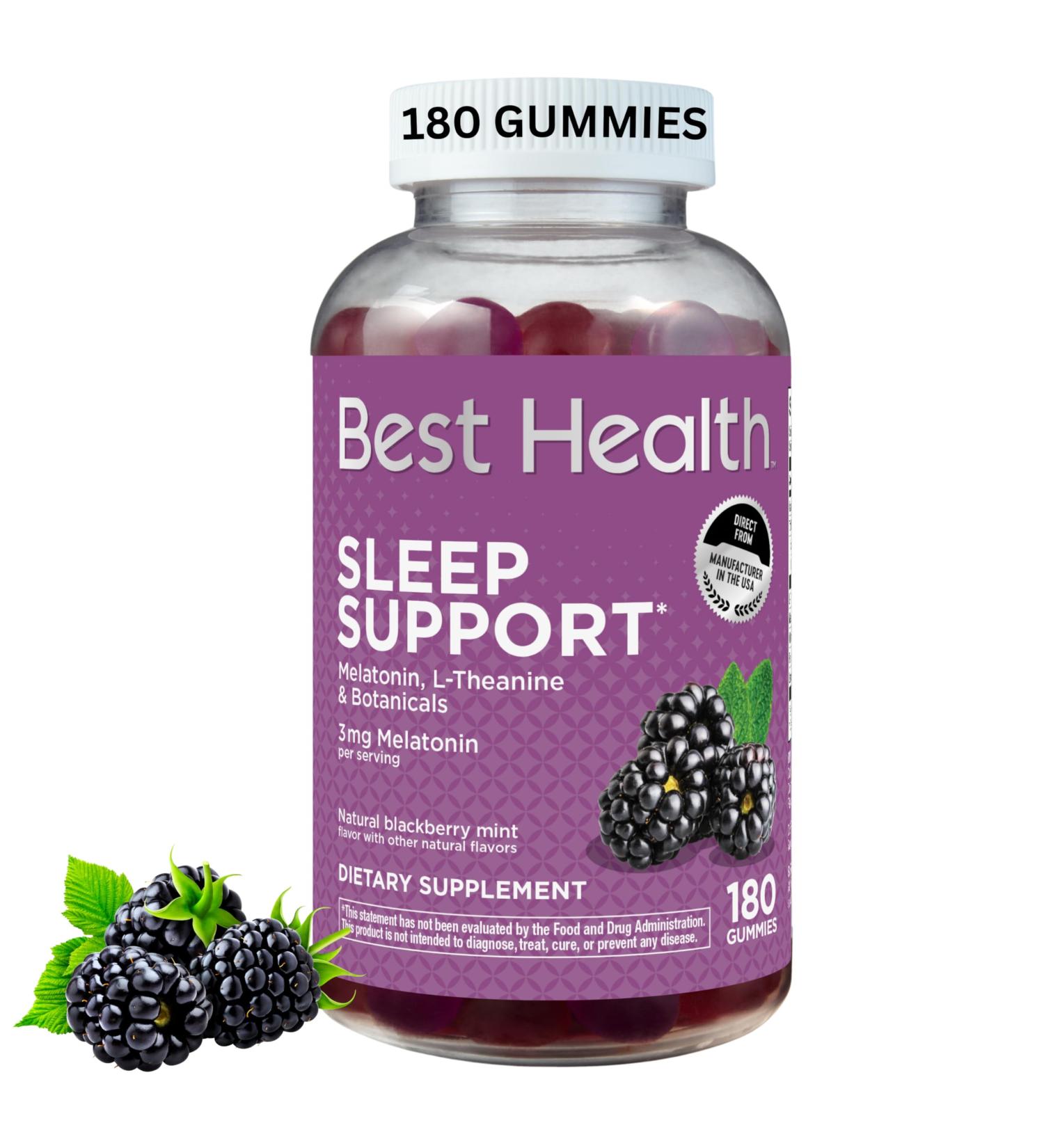 Best Health Melatonin Gummies Melatonin per Serving for Sleep Support* with L-Theanine & Botanicals Natural BlackBerry Mint Flavor (180 Count) (3mg) - Buy Online on GoSupps.com