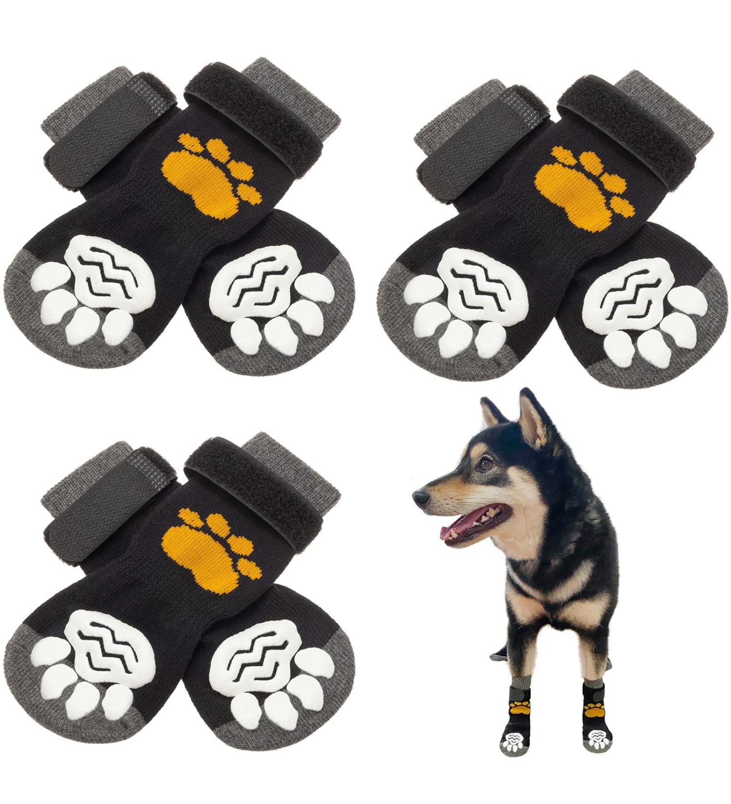 SCIROKKO 3 Pairs Double Anti-Slip Dog Socks - Adjustable Non-Skid Paw Protector for Small Dogs - Indoor and Outdoor Paw Grips for Traction Control and Lick Prevention - Black - Buy Online on GoSupps.com