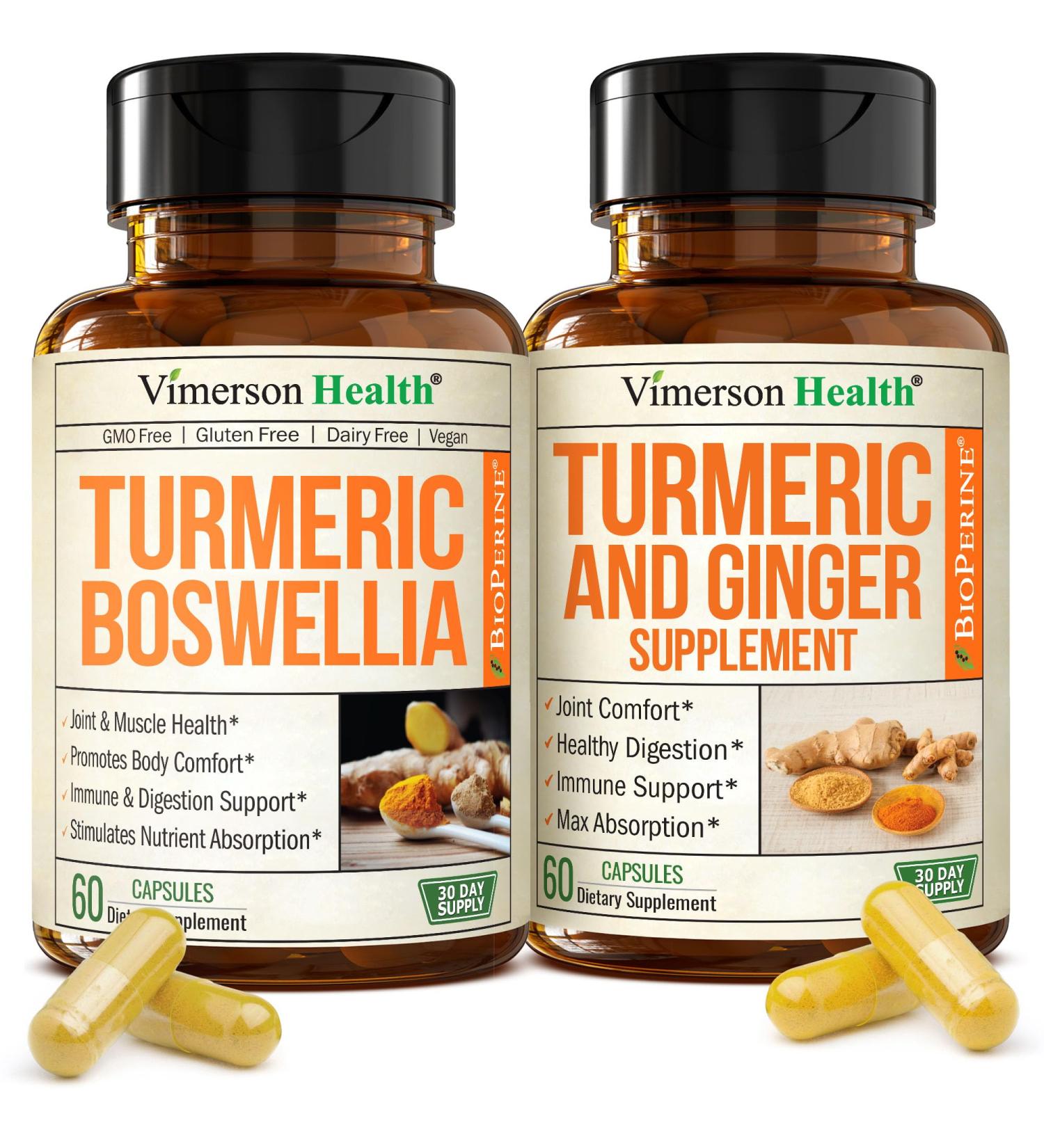 Turmeric Supplement Bundle 2-Pack Organic Turmeric Curcumin Supplement with 95% Curcuminoids + 65% Boswellia Extract Ginger Root & Black Pepper (BioPerine) High Absorption 2 x 60 Vegan Capsules - Buy Online on GoSupps.com
