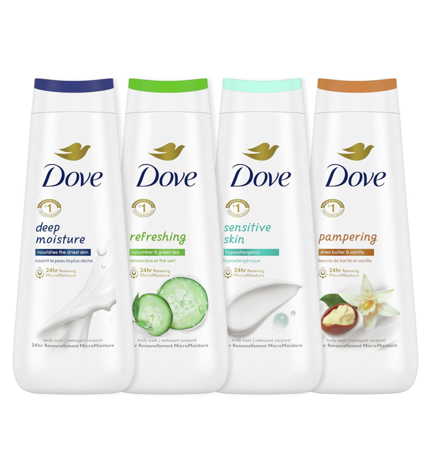 Dove Body Wash Deep Moisture Sensitive Skin Cucumber and Green Tea and Shea Butter & Vanilla Collection 4 Count Skin Cleanser with 24hr Renewing MicroMoisture 20 oz 20 Fl Oz (Pack of 4) - Buy Online on GoSupps.com