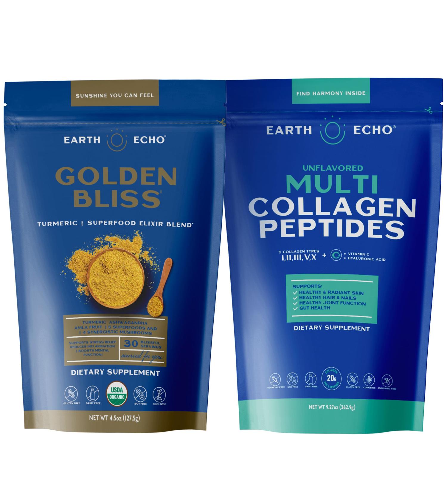 Earth Echo Revitalizing & Nightcap Bundle - Hydrolyzed Collagen with Vitamin C & Hyaluronic Acid for Radiant Skin - Organic Golden Milk Powder with Ginger for Restful Sleep - 1 Pack Each - Buy Online on GoSupps.com
