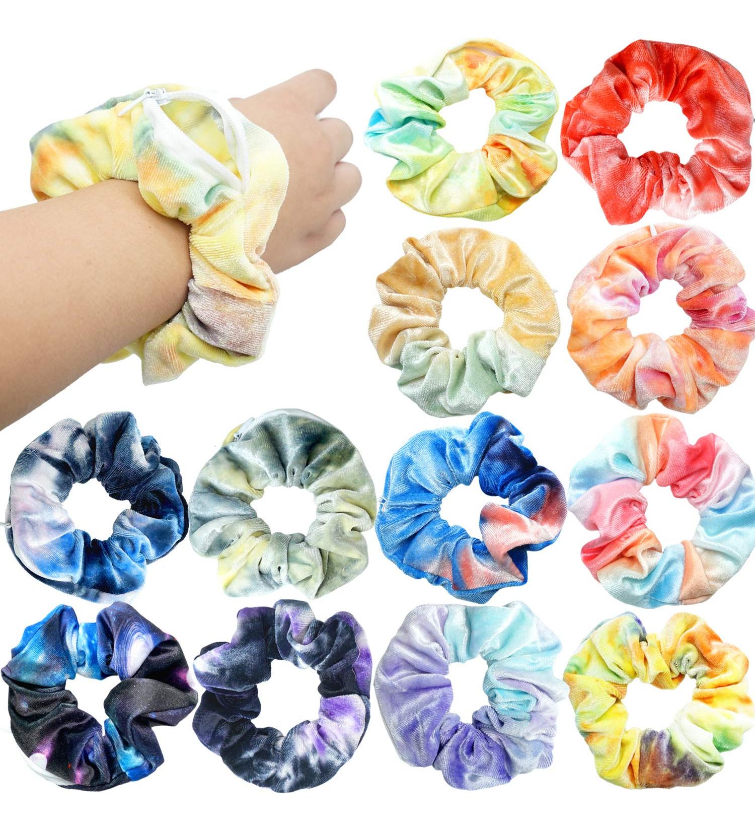 12pc Velvet Pocket Hair Scrunchies with Hidden Zipper Pocket - Cheetah & Tye Dye Colors - Buy Online on GoSupps.com
