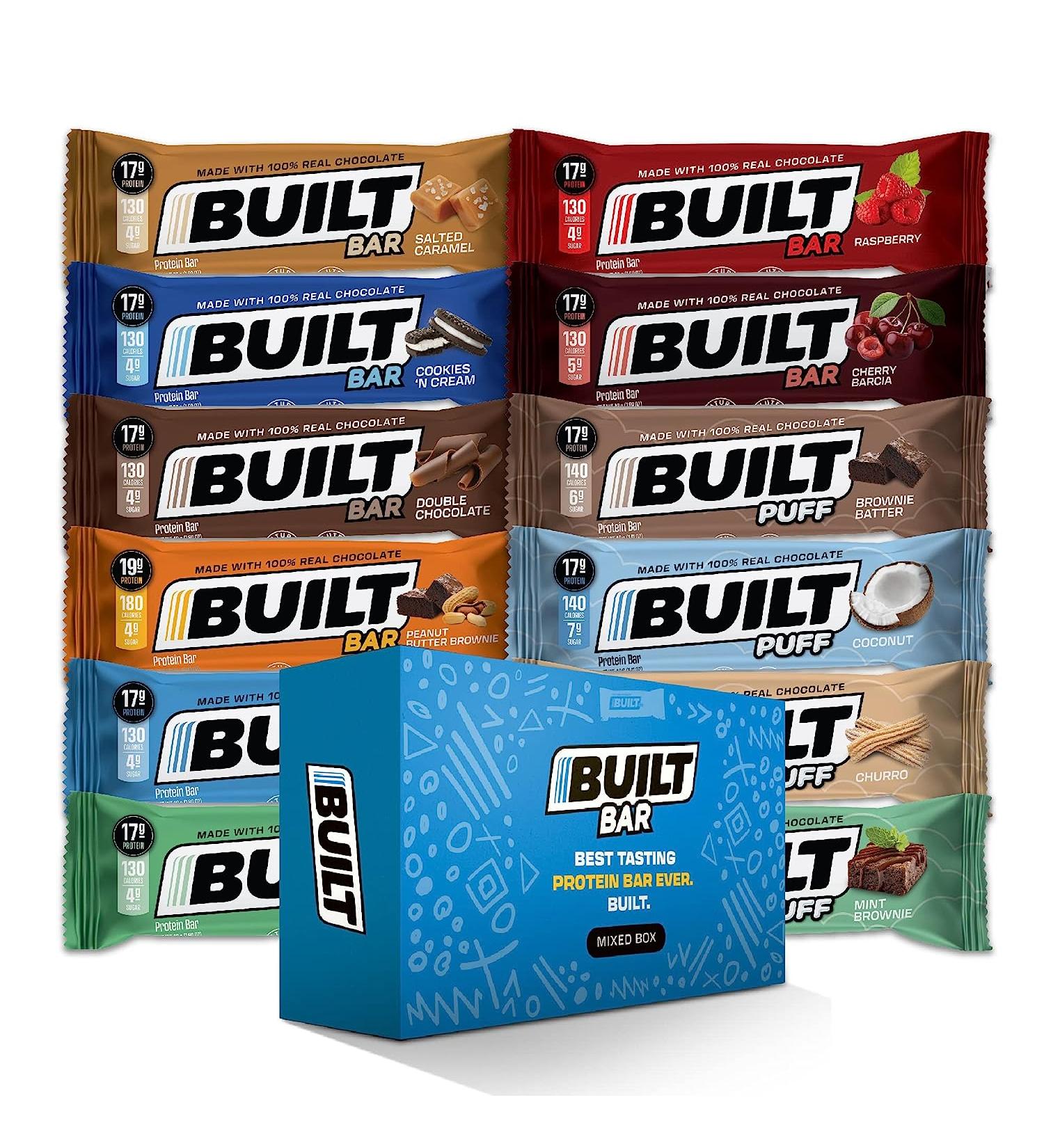 Built Bar 12 Flavor Variety Box - High Protein, Low Carb, Low Calorie, Low Sugar - 100% Real Chocolate Coating - Delicious & Nutritious Snack (Mixed 12 Pack) - Buy Online on GoSupps.com