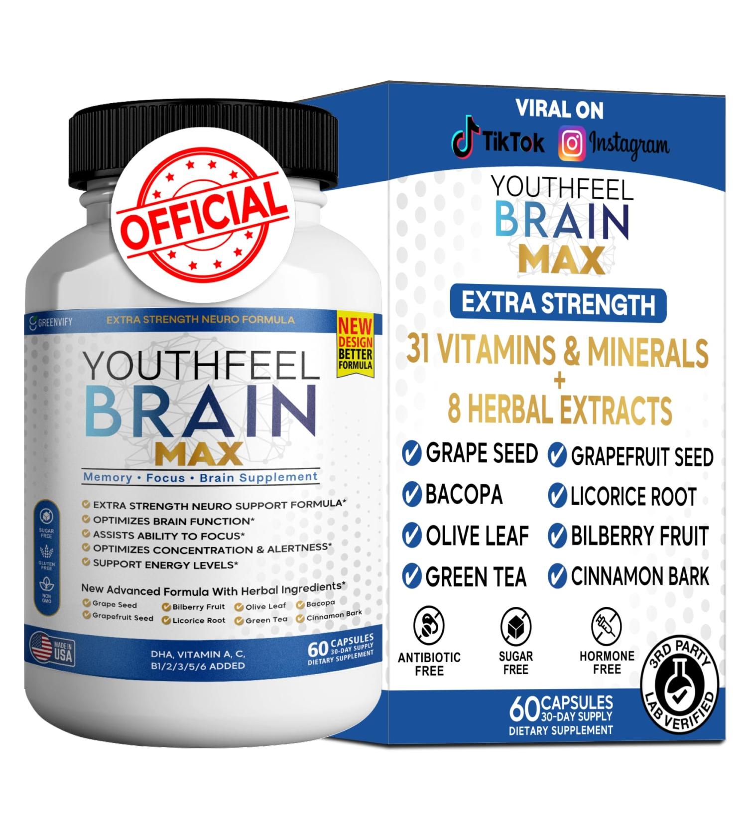 Youthfeel Brain Max Memory Support Supplement 60 Capsules Extra Strength Neuro Formula with Vitamins and Herbal Ingredients (1) - Buy Online on GoSupps.com