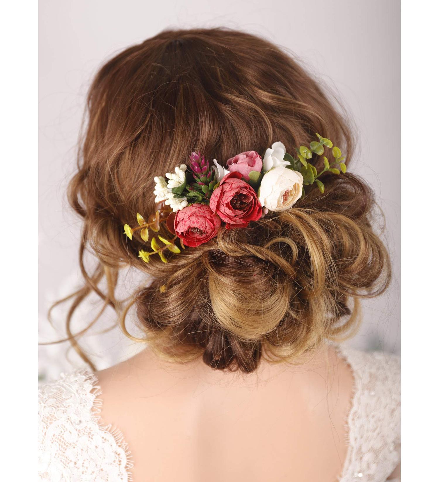 Kercisbeauty Handmade Boho Hair Comb for Brides Fake Floral Red Flower Hair Accessories Garden Wedding Hair Piece Prom Evening Party Headpiece for Women Teen Girls - Buy Online on GoSupps.com