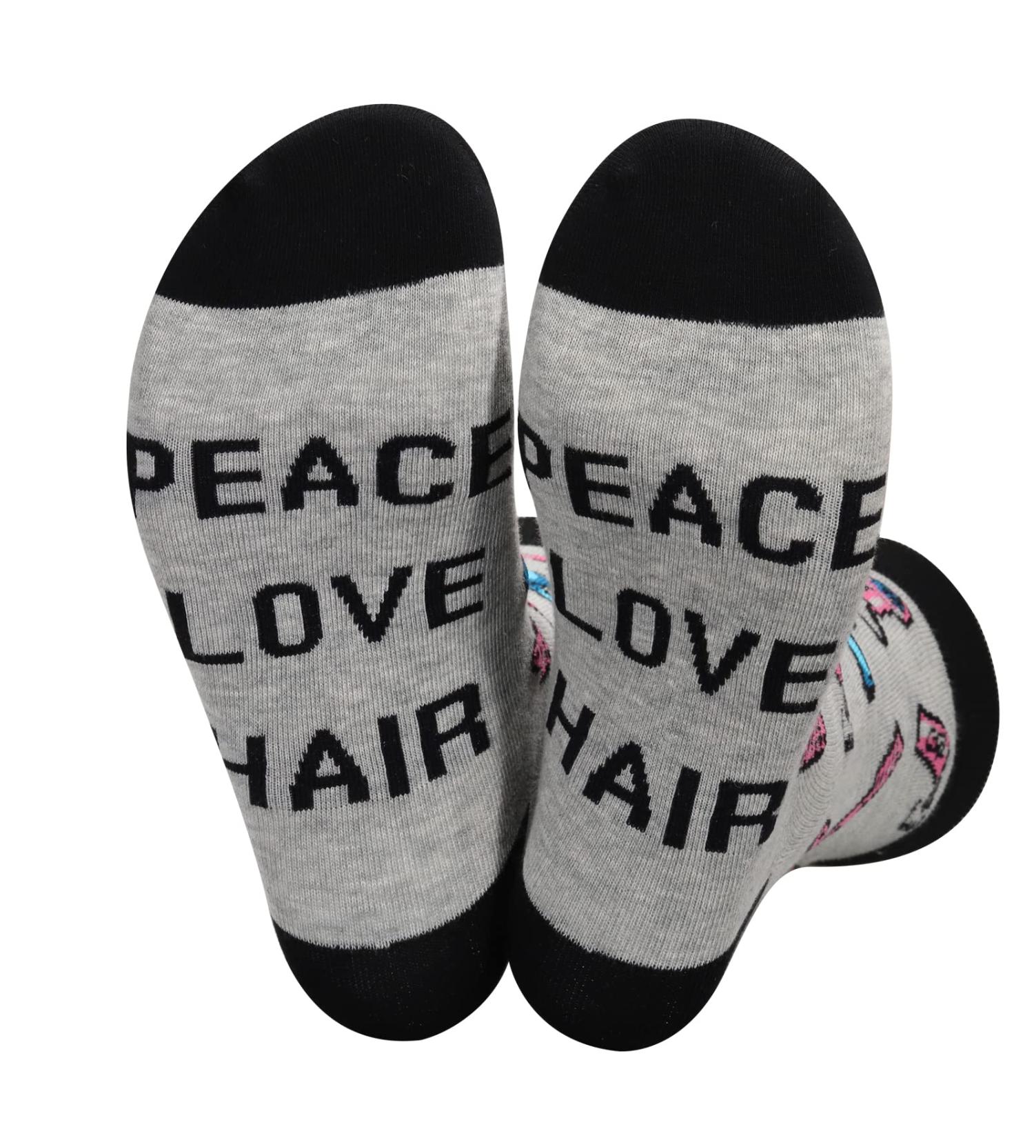 Funny Hairdresser Socks - Peace Love Hair Barber Graduation Gift | Cosmetology Gift for Hair Stylists - Buy Online on GoSupps.com