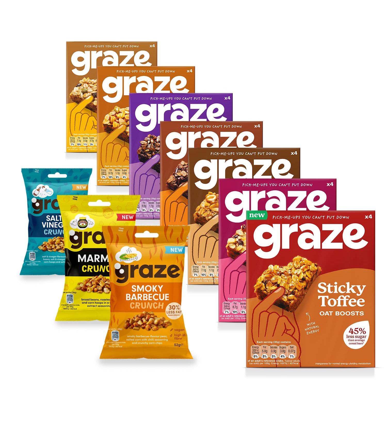 Graze - Sweets & Crisps Snacks Selection - Snack Bars variety box(28x30g)&Snacks Multipack Selection of BBQ Marmite & Salt&Vinegar 52g bags-Packaging may vary-(31 in a box) - Buy Online on GoSupps.com