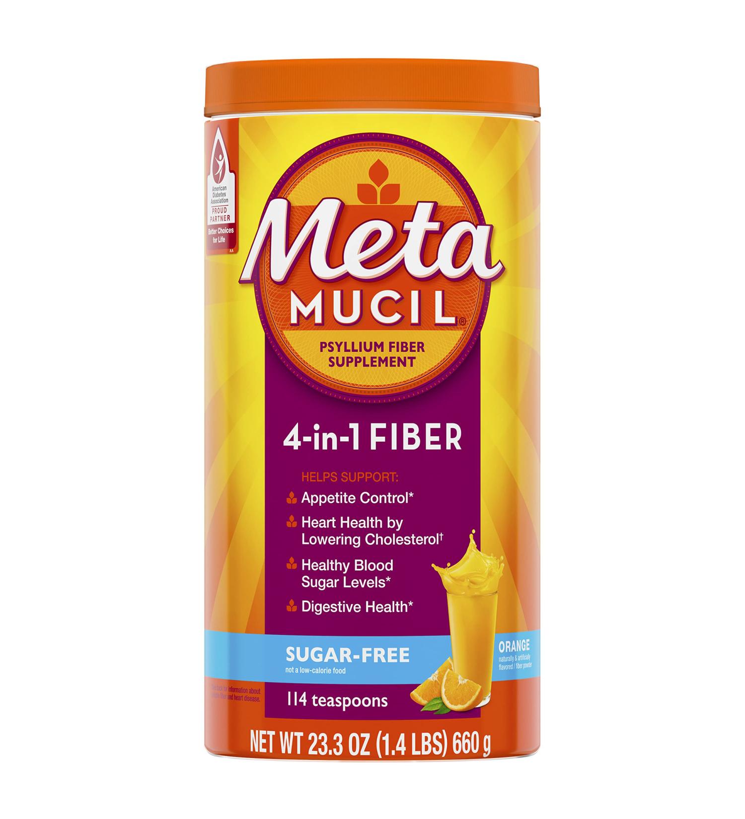 Metamucil Daily Psyllium Husk Powder Supplement - Sugar-Free Orange Flavored Drink - 1.4lb (114 teaspoons) - Buy Online on GoSupps.com
