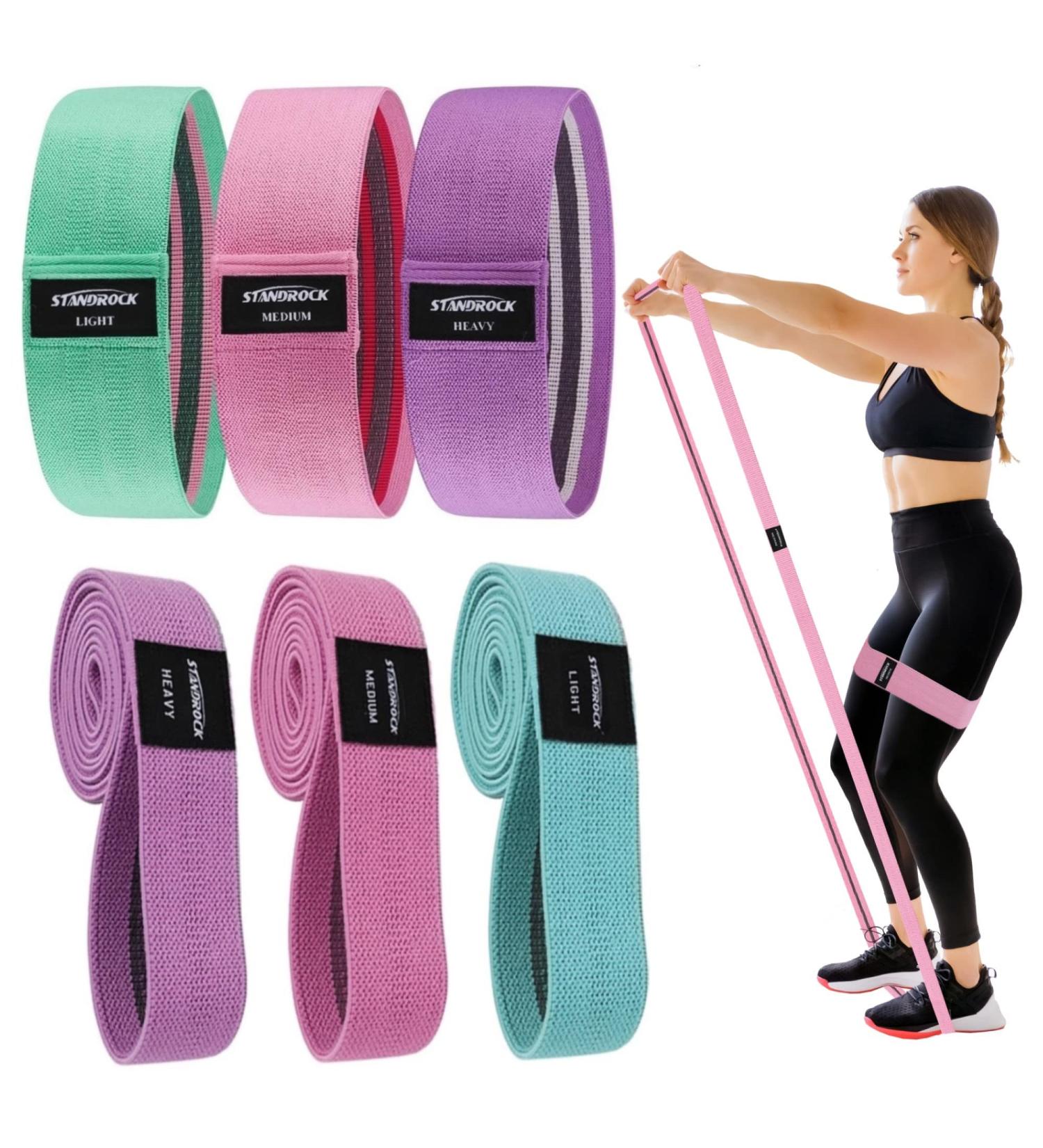 Fabric Resistance Bands Set - 3 & 4 Levels Booty Bands for Men & Women | Elastic Exercise Bands in Pink Purple Green - Ideal for Working Out - Buy Online on GoSupps.com