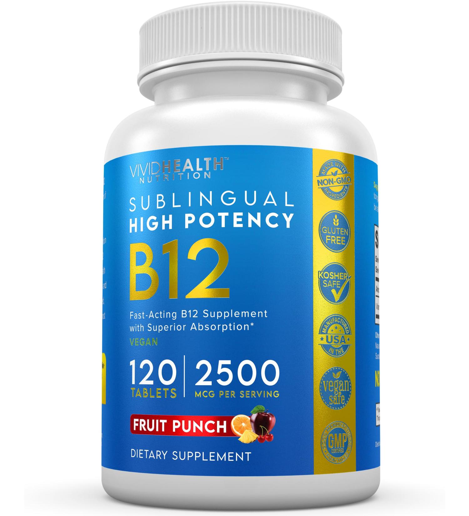 Vivid Health Nutrition Energy Boosting Vitamin B12 Sublingual | Quick Dissolve Vegan B-12 with Methylcobalamin for Metabolic & Brain Support 120 Fruit Punch Tablets - Buy Online on GoSupps.com
