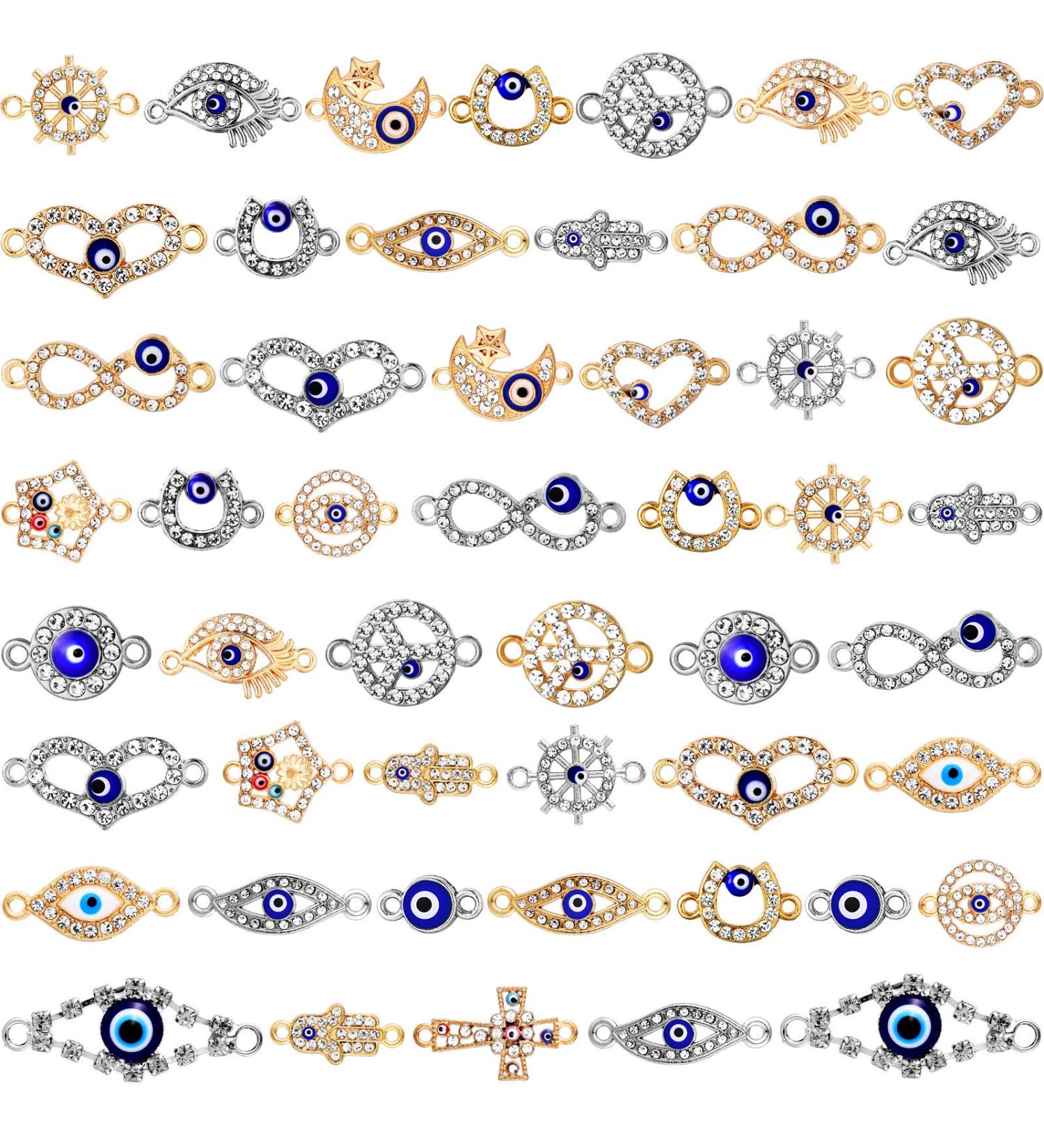 50 Mixed Alloy Enamel Evil Eye Charms - Rhinestone Diamond Connectors for DIY Jewelry Making (Silver & Gold) - Buy Online on GoSupps.com