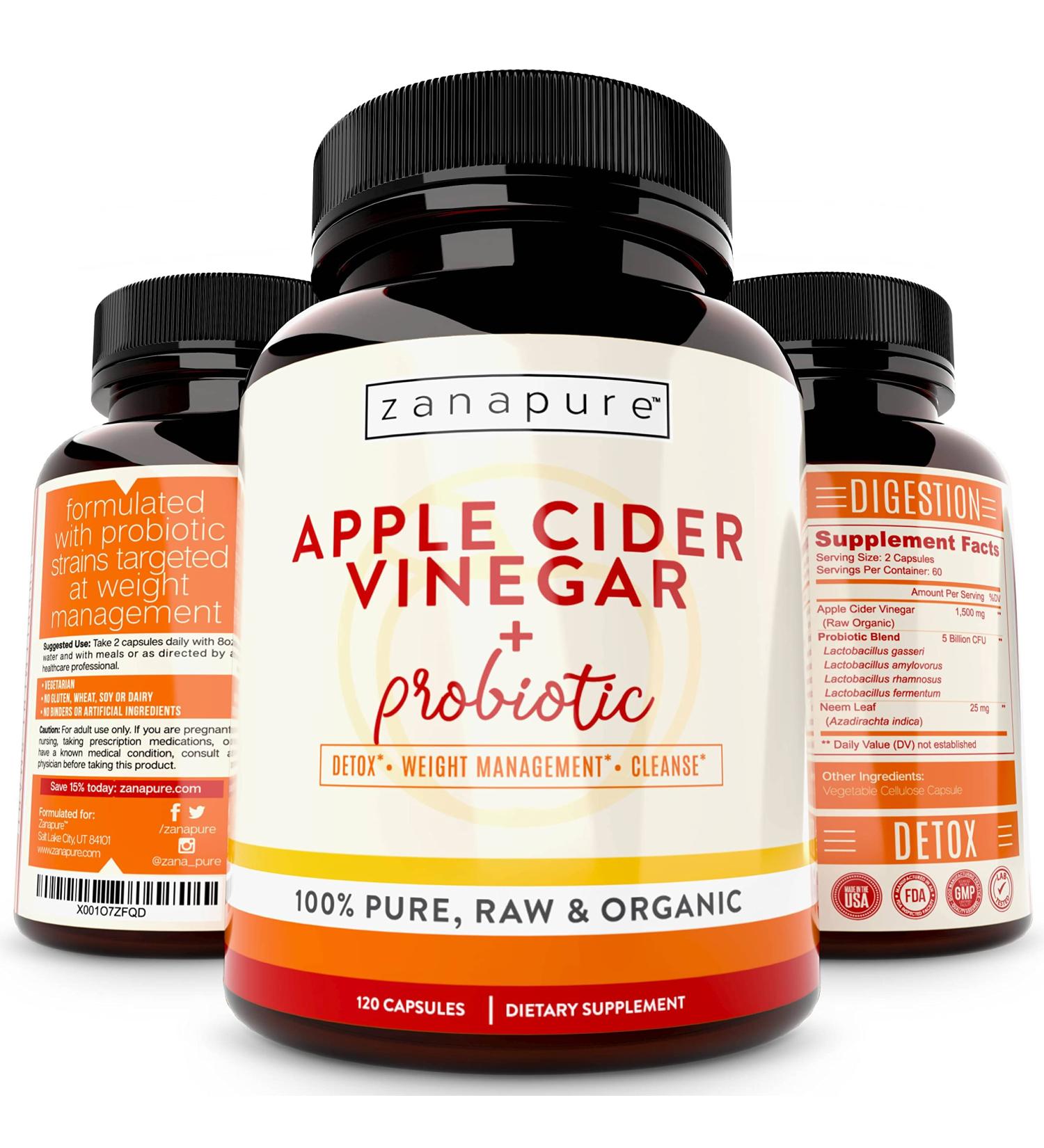 Zanapure Premium Apple Cider Vinegar Capsules with The Mother | 5 Billion CFUs Probiotics | 120 Capsules | Made in USA - Buy Online on GoSupps.com