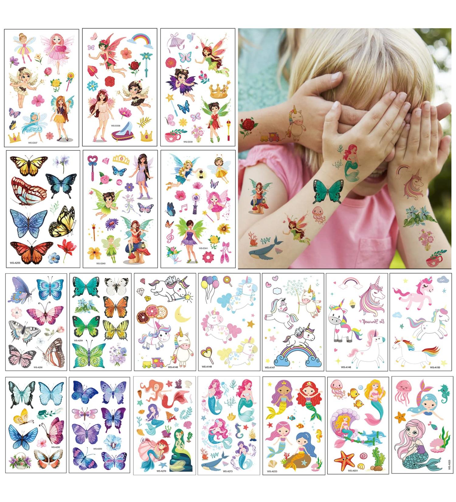Sawaruita 230 Pcs Unicorn Mermaid Butterfly Little Fairy Temporary Tattoos for Kids - Waterproof and Long-lasting Fake Tattoos - 20 Sheets - Buy Online on GoSupps.com