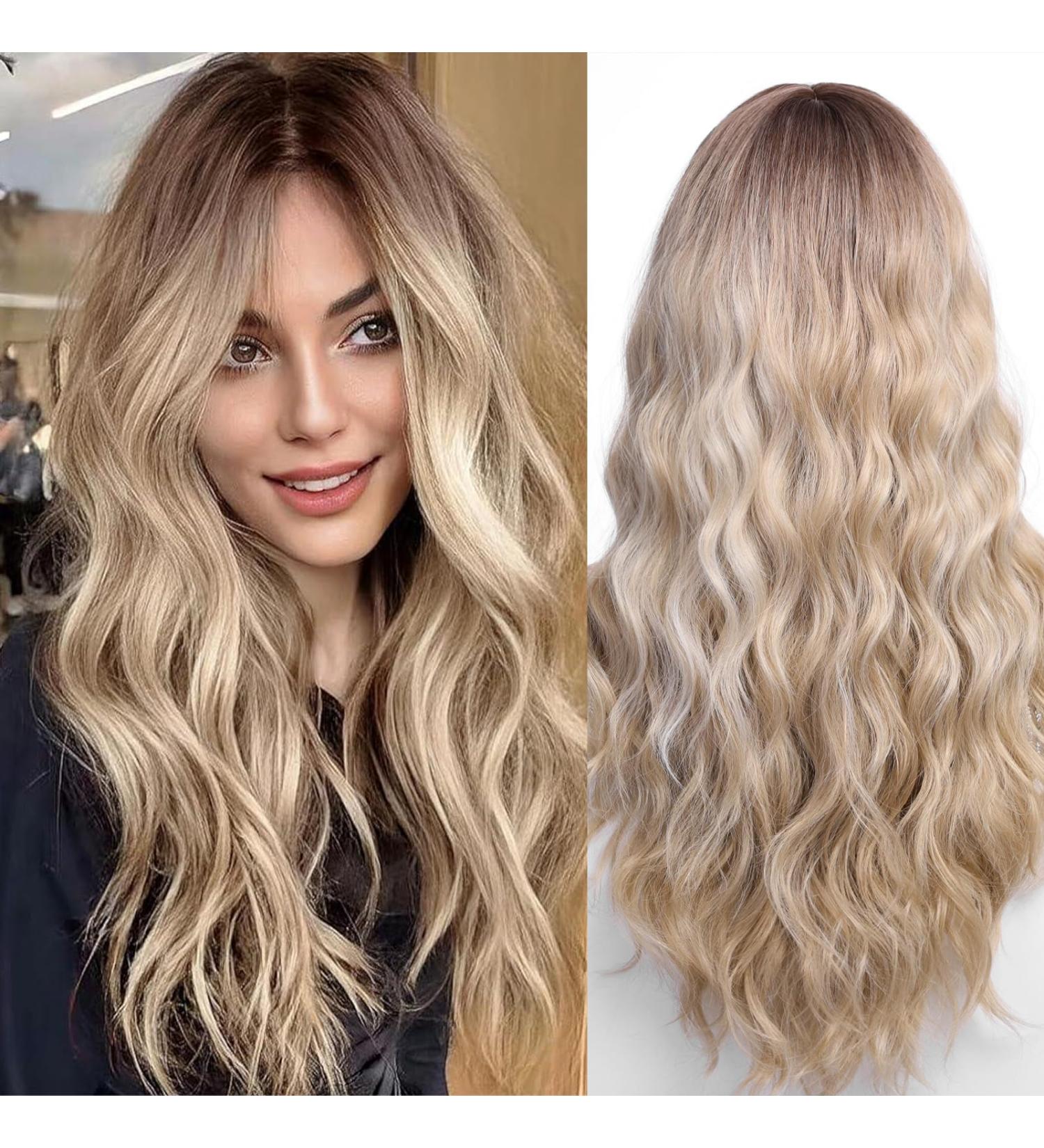 WOKESTAR Long Light Blonde Synthetic Hair Wig with Curtain Fringe for Women - Buy Online on GoSupps.com
