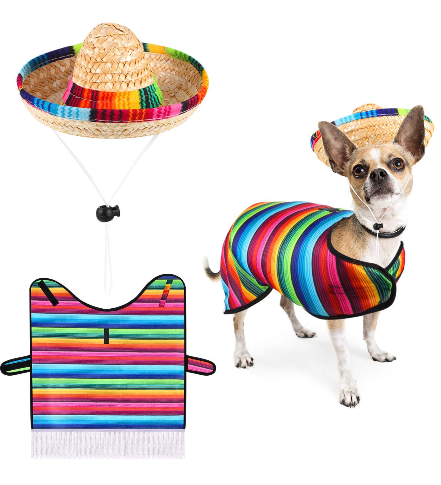Dog Sombrero Hat and Serape Poncho Costume Adjustable Mexican Dog Outfit for Party Decorations Funny Chihuahua Clothes Multicolor S