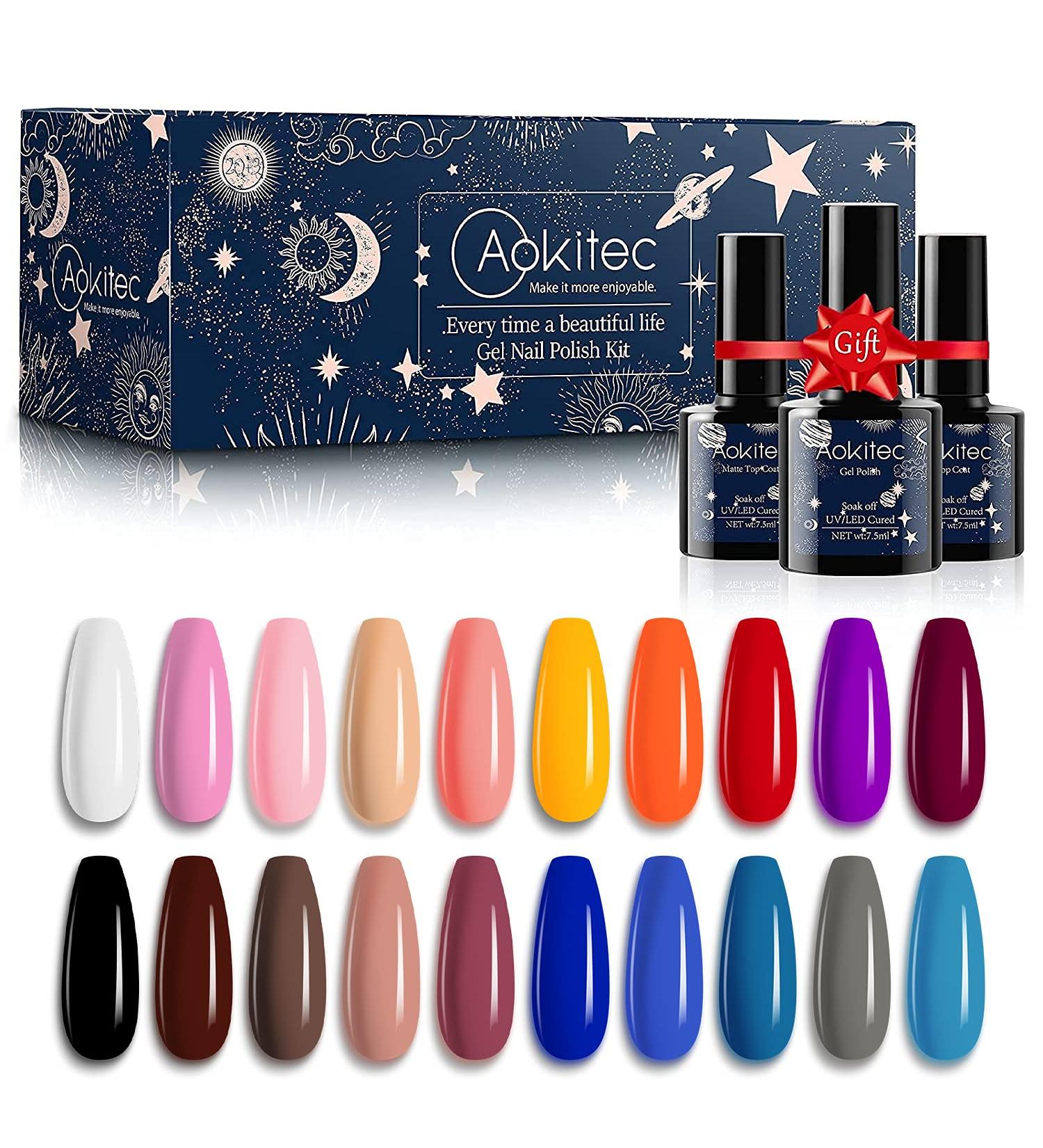 Aokitec Gel Nail Polish Kit 20+3Pcs Set | Nude Multi-Color Gel Manicure Set | DIY Home Gel Polish with Base & Top Coat | Gifts for Women | Christmas 20+3 Colors - Buy Online on GoSupps.com