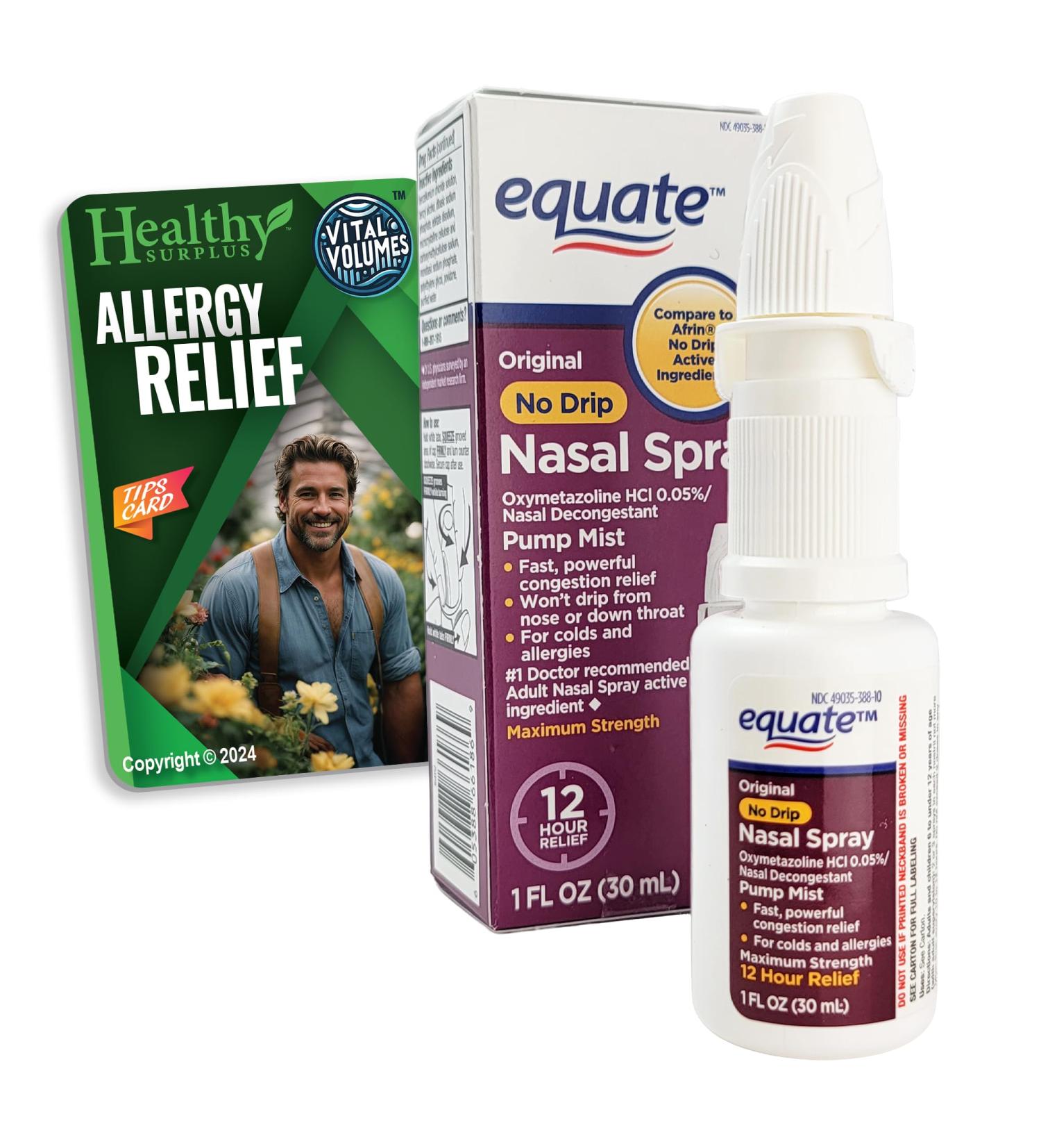 Healthy Surplus Equate Nasal Spray - Oxymetazoline HCI 0.05% 1 FL OZ (30 mL) Pump Mist for 12 Hours and Vital Volumes Allergy Tips Card Bundle - Buy Online on GoSupps.com