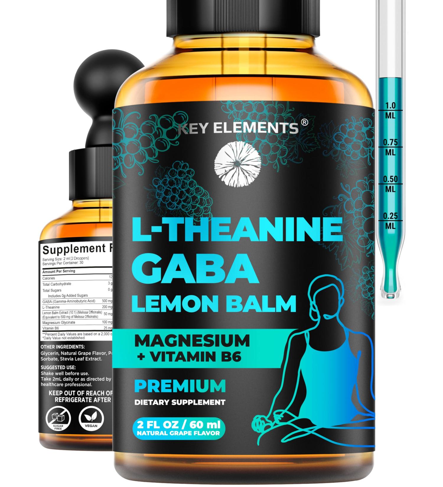 KEY ELEMENTS Liquid GABA with L Theanine Supplement | GABA 500mg and L-Theanine 200mg with Lemon Balm Extract and Magnesium with Vitamin B6 - Buy Online on GoSupps.com