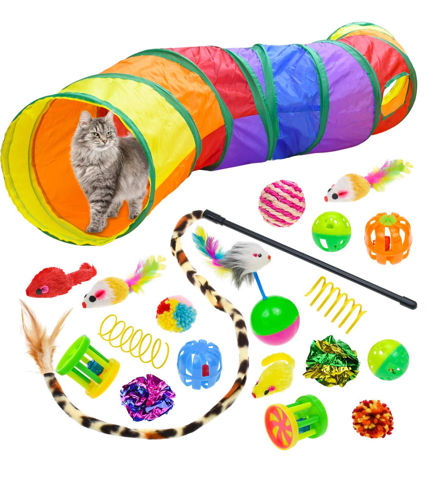 Malier Cat Toys Set - Interactive Collapsible Cat Tunnels, Feather Toy, Crinkle Balls - for Indoor Cats, Kittens, and Small Pets - A-Rainbow - Buy Online on GoSupps.com