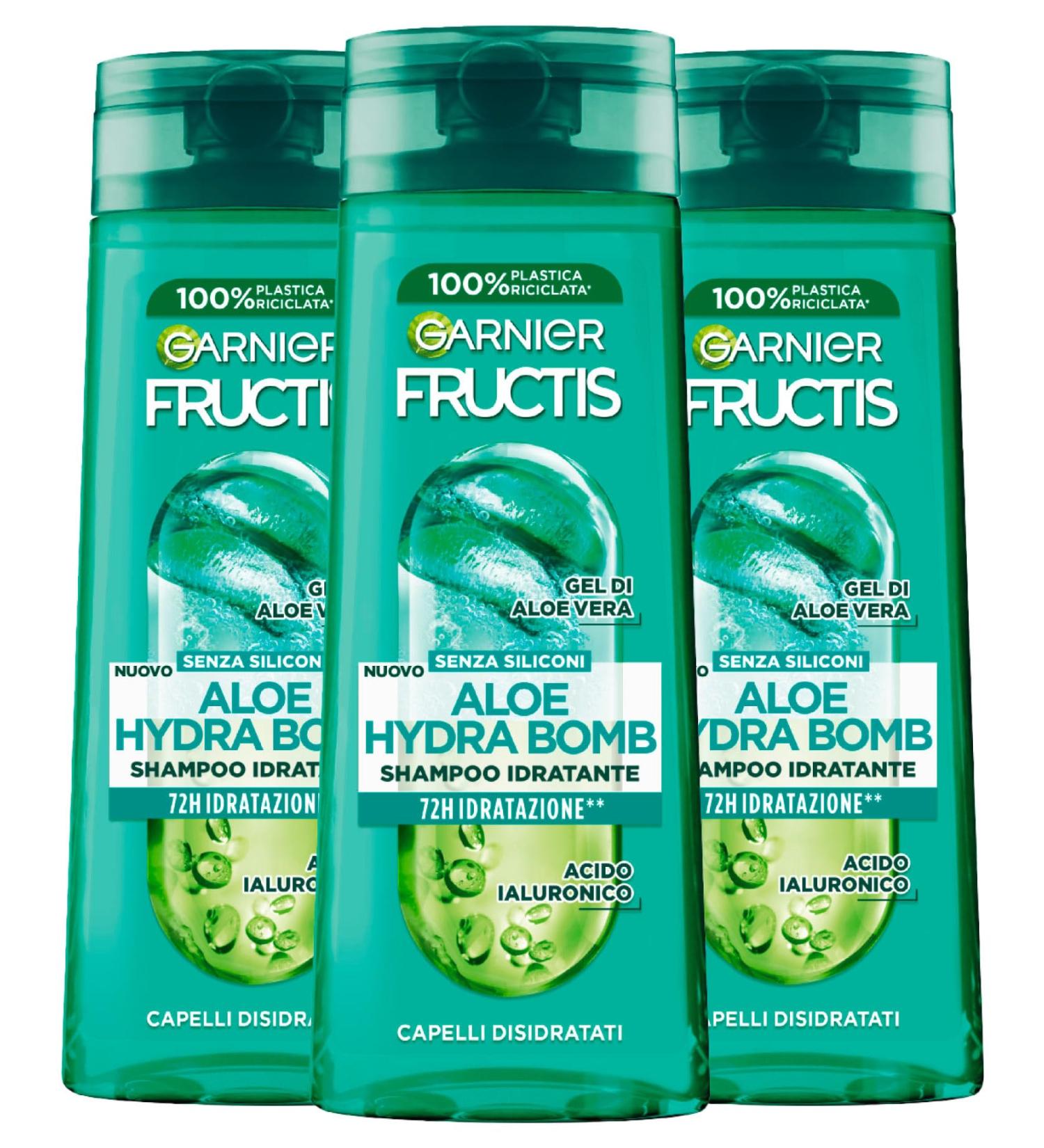 Garnier Garnier Fructis Aloe Hydra Bomb Moisturizing Shampoo for Dehydrated Hair with Aloe Vera Gel and Hyaluronic Acid 72H Hydration Vegan Formula Silicone-Free - 3 x 250ml Bottles