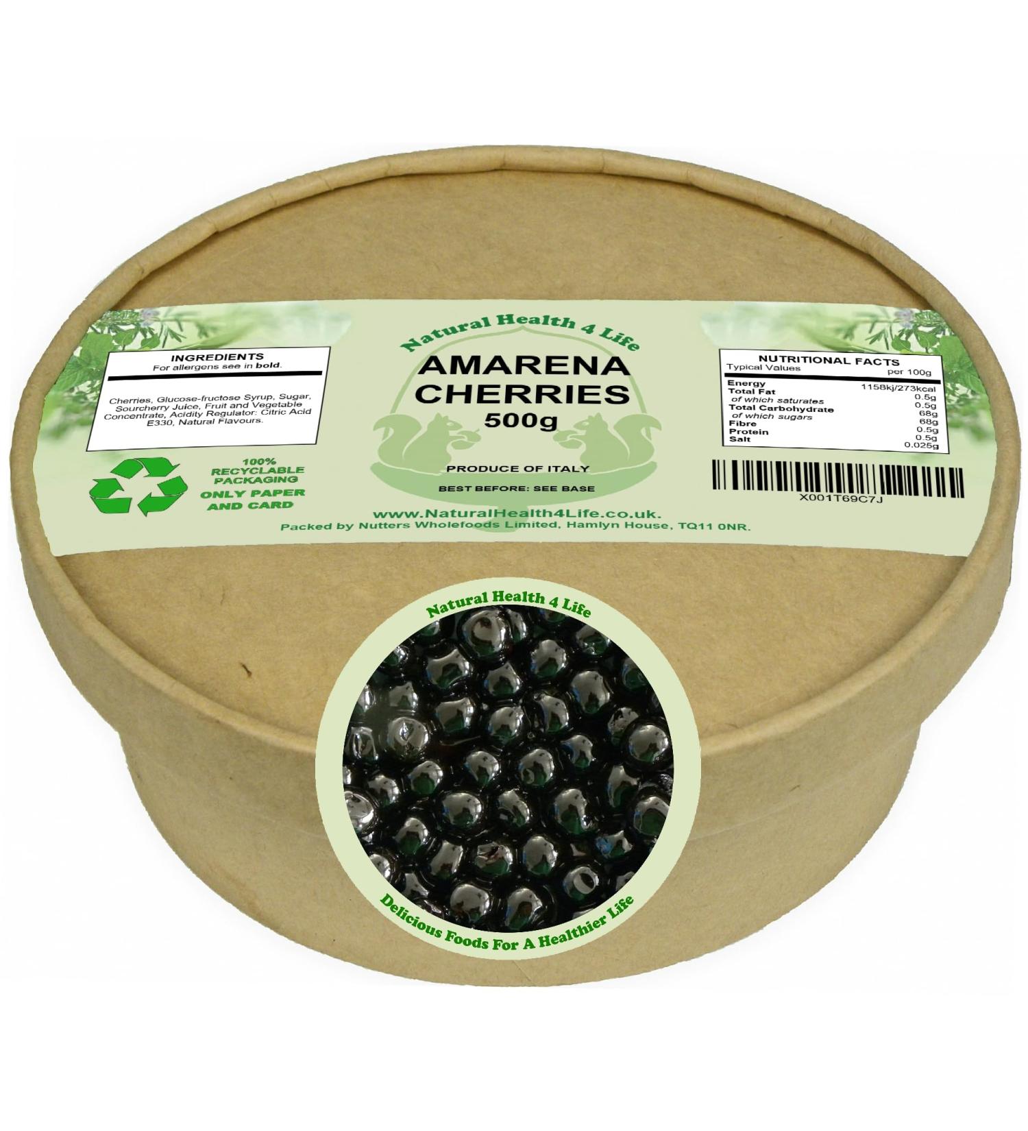 Natural Health 4 Life Fruit Candied Amarena Amareno Sweet Tart Wild Cherries 500 g with Syrup in Recyclable Tub (1 Tub) 500g - Buy Online on GoSupps.com