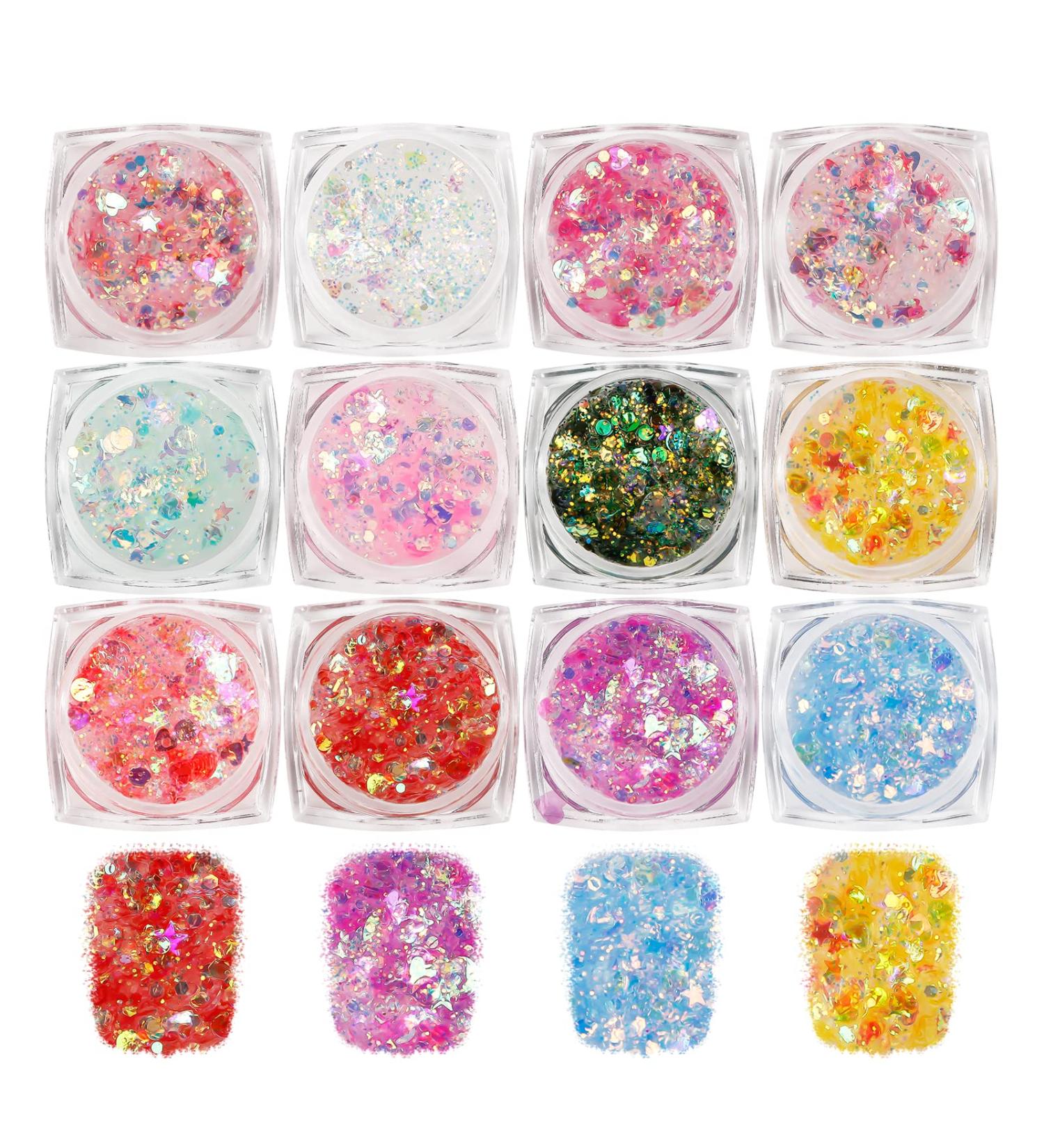 12 Colors Chunky Fine Body Glitter - Holographic Sequins for Eyes, Hair, Lips - Self-adhesive Mixable Makeup for Festival, Carnival, Halloween Party - Buy Online on GoSupps.com