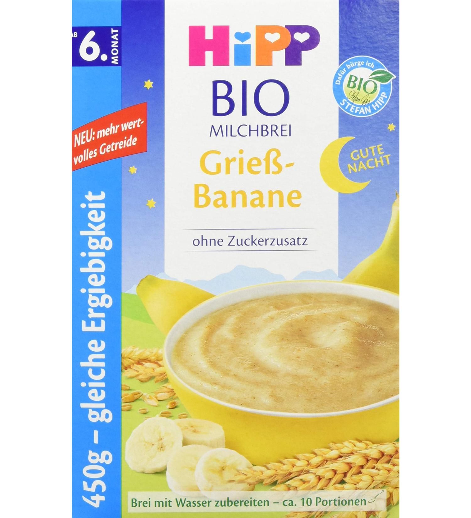 Hipp Organic Milk Porridge without Added Sugar - Good Night GrieÃ Banana for 6+ Months - 4 Pack (4 x 450g) - Nutritional Baby Food - Buy Online on GoSupps.com