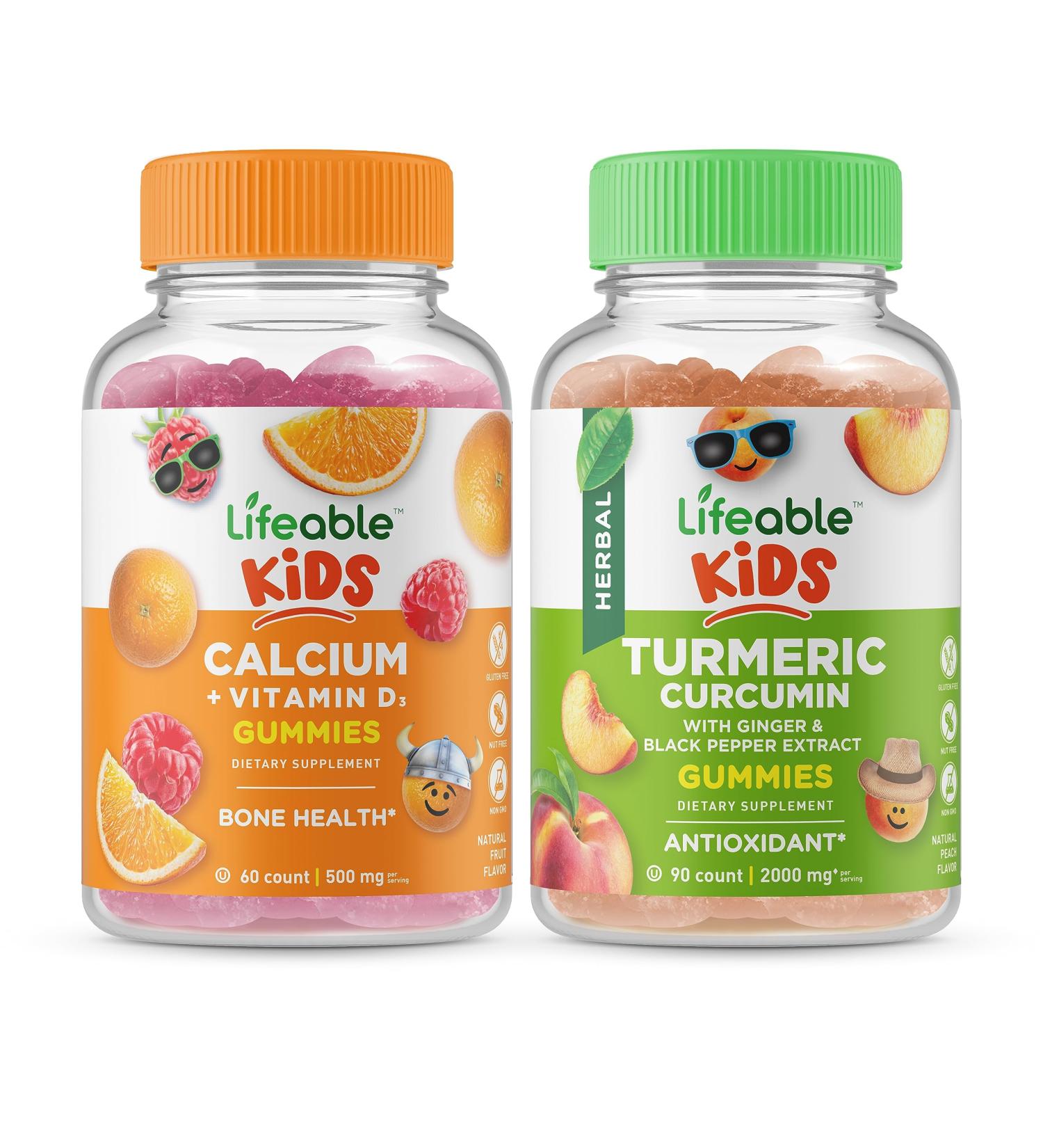 Lifeable Calcium with Vitamin D Kids + Turmeric Curcumin Kids Gummies Bundle - Great Tasting Vitamin Supplement Gluten Free GMO Free Chewable Gummy - Buy Online on GoSupps.com