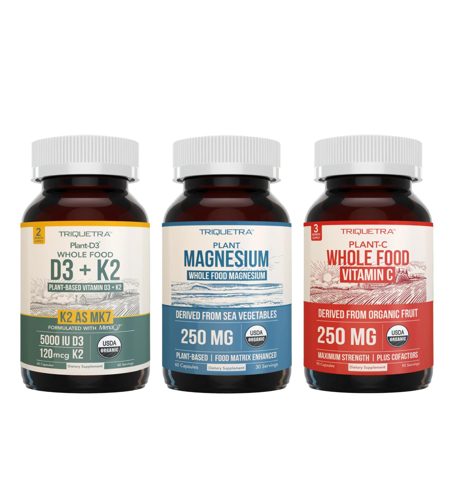 Magnesium (60 ct) Plant D3 5000 IU + K2 MK-7 (60 ct) & Whole-Food Vitamin C (90 servings) Bundle | Vegan Supplements for Energy Muscle & Immune Support | USDA Organic Non-GMO Gluten-Free - Buy Online on GoSupps.com